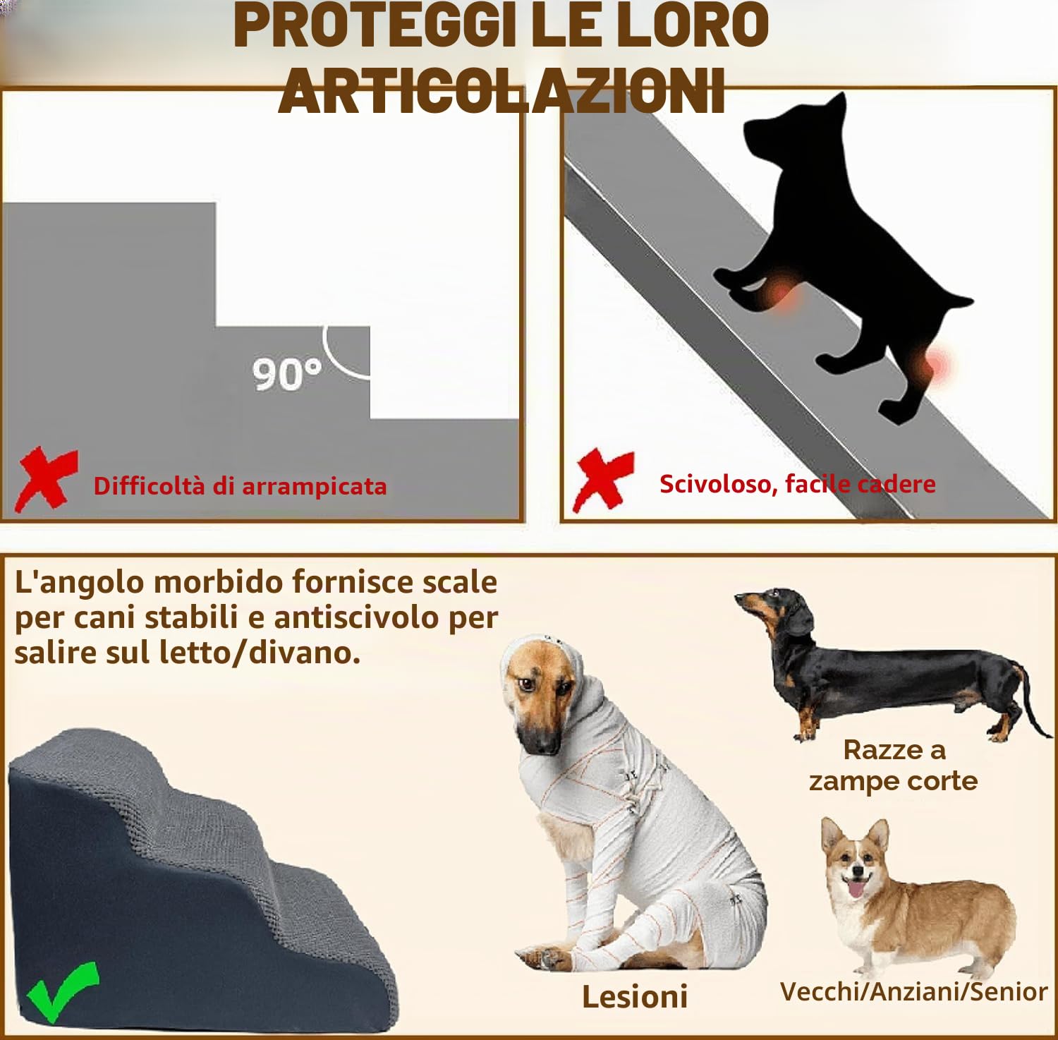 Scala larga per cani di piccola taglia, 3 gradini, in schiuma ad alta densità, rivestimento lavabile e fondo antiscivolo, 32 x 60 x 30 cm