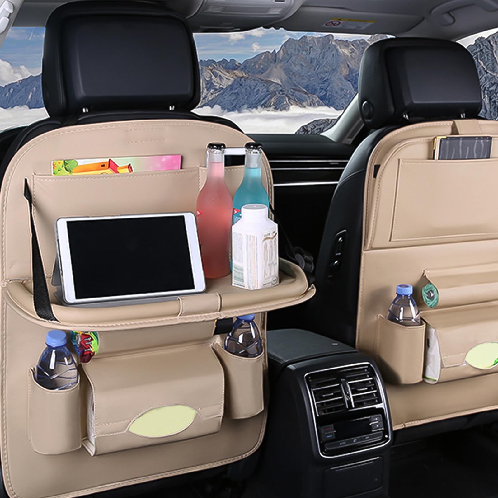 Ergocar Organizer na tylne siedzenie samochodu, luksusowa, skóra PU, ze składanym uchwytem na tablet, organizer do przechowywania samochodu, wielofunkcyjny ochraniacz na tylne siedzenie na długą