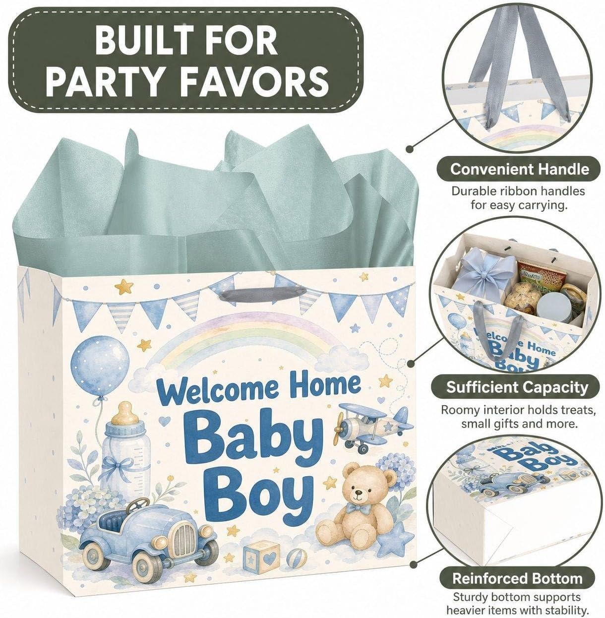 Baby Boy Gift Bags for Baby Shower, Welcome Home Blue Theme, 3 Pack Set image 3