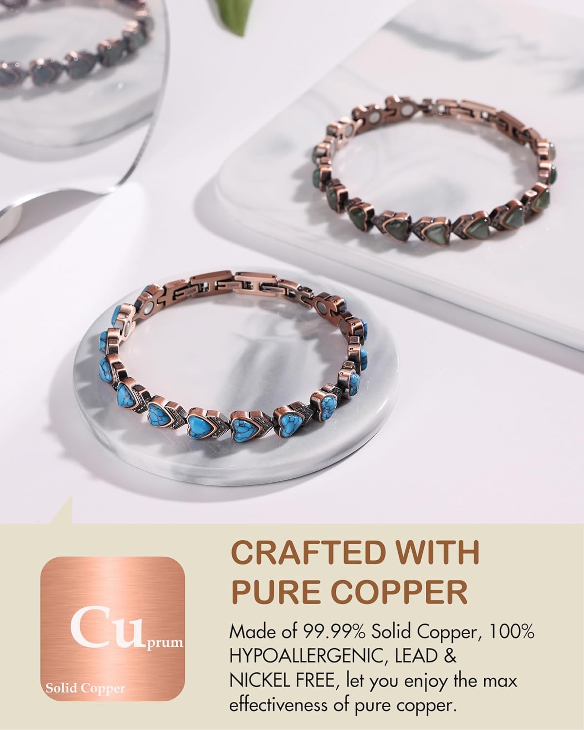 Feraco Pure Copper Bracelets for Women, Ultra Strength Magnetic Bracelet with 3800 Gauss Magnets & Natural Turquoise & Stones, Adjustable, Jewelry Gift - Image 4