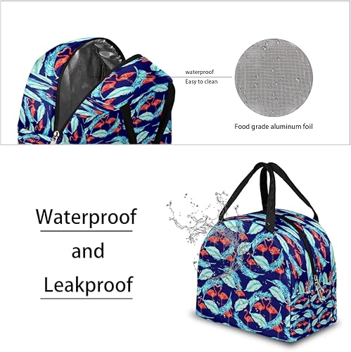 Miniatura 4 de Red Flamingo Lunch Tote Bag for Women Adult Men Blue Feathers Insulated Lunch Box Small Leakproof Cute Lunchbox Cooler Bag Reusable Lunch Bag for