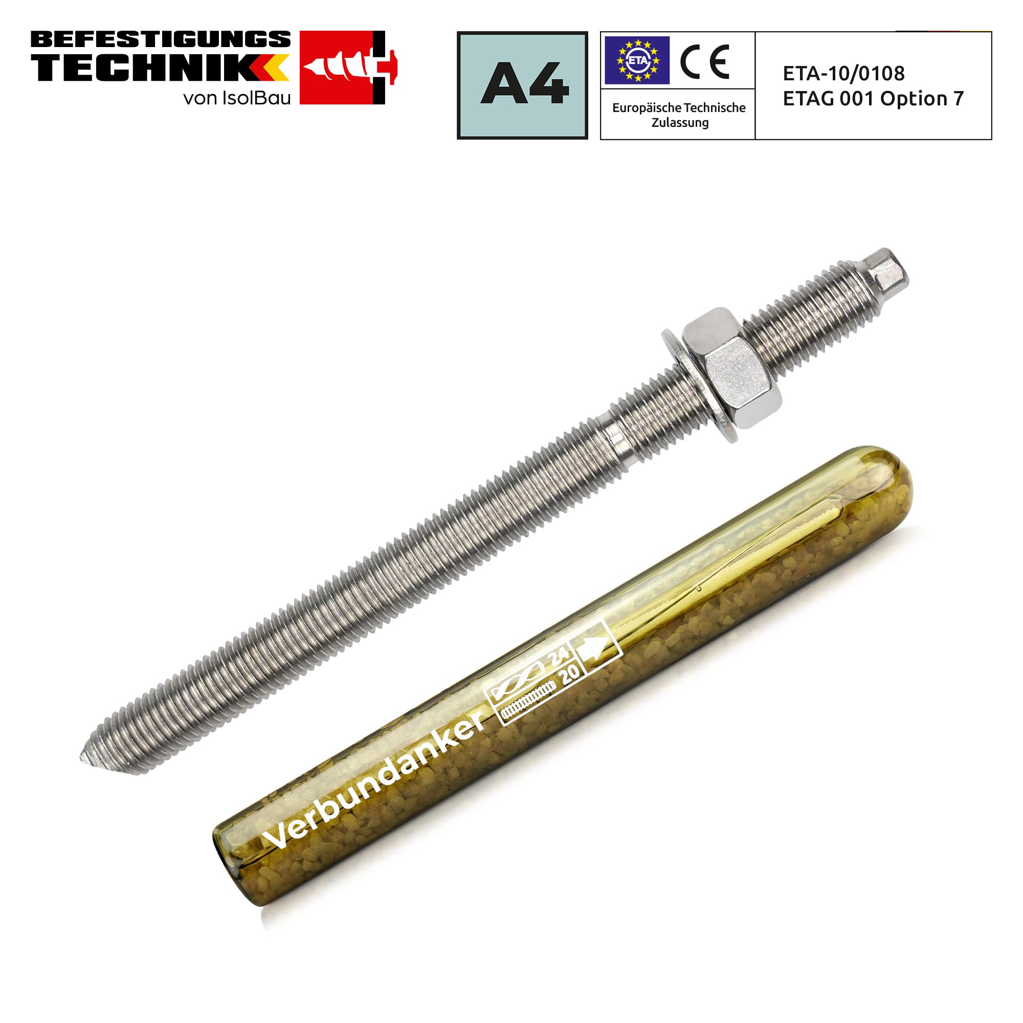 Isolbau Verbundanker Set - Verbundankerpatrone styrolfrei V16 + Ankerstange aus A4 Stahl M16 x 190 - ETA Zulassung - 10 Stück