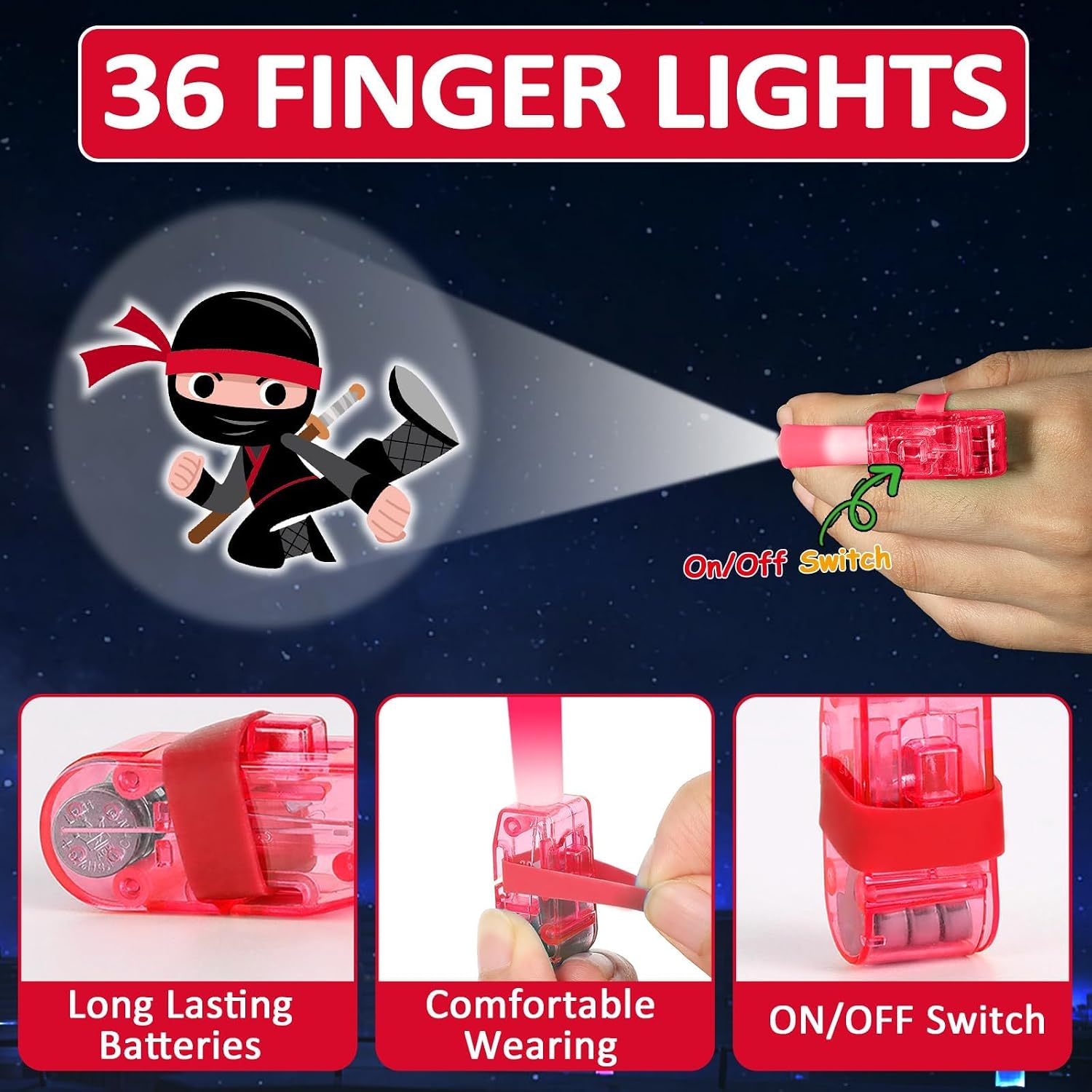 36Pcs Neon Ninja Themed LED Finger Lights Ninja Warrior Party Favors Glow in the Dark Light Up Finger Lights Warrior Themed Toys Bulk for Kids Birthday Party Goodie Bag Stuffer Classroom Prizes Gifts image 3