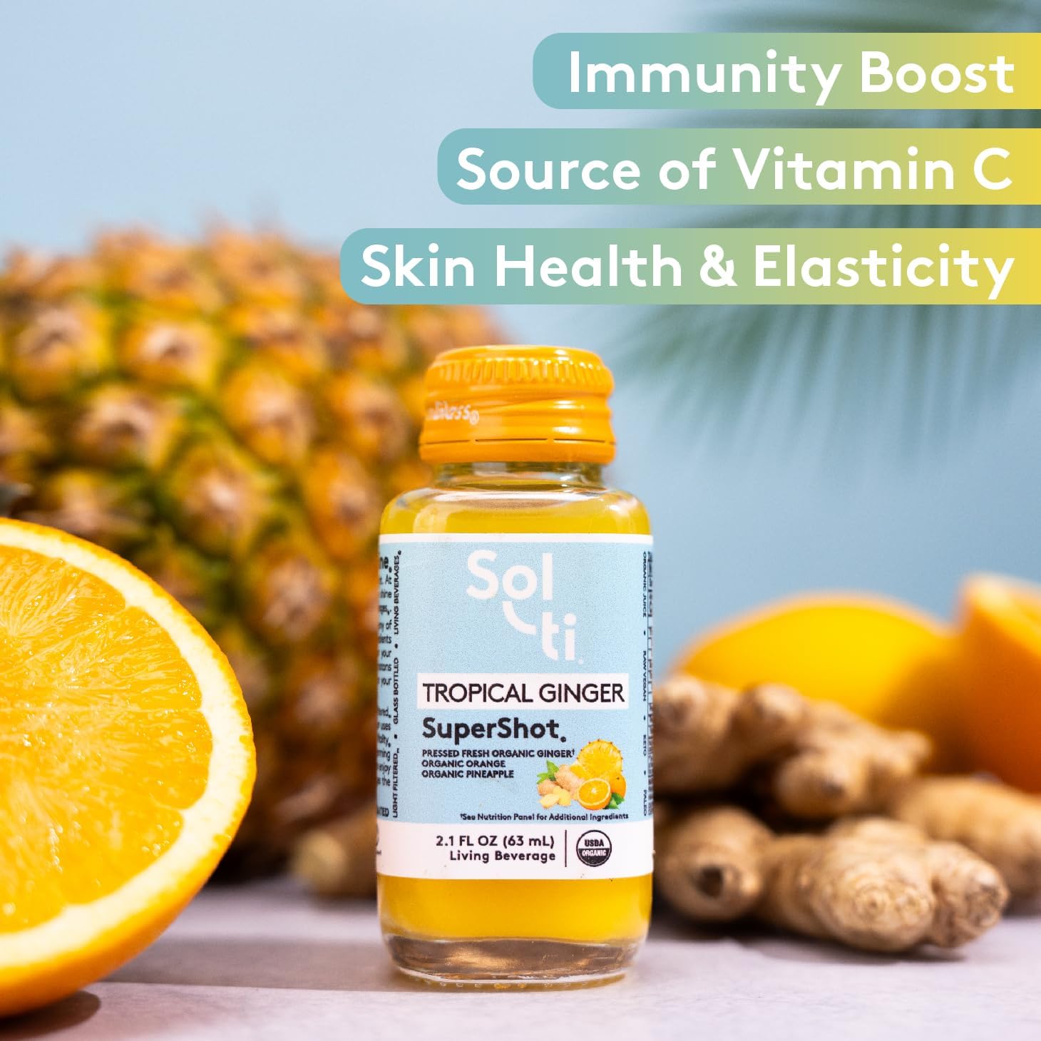 Sol-ti Organic Tropical Ginger SuperShot Drink, Aids in Collagen Production and Promotes Skin Elasticity, SuperFood, Cold-Pressed Fruit Juice Blend, 12 Pack (2.1 Fl oz)