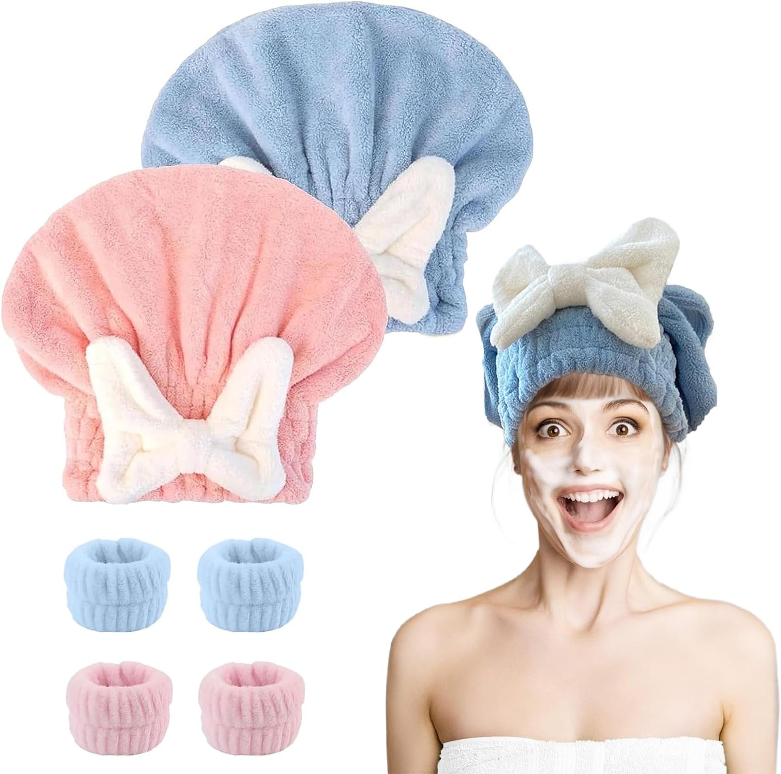 Tyrzol 6pcs Hair Towel Wrap Super Absorbent Hair Towel Wrap for Wet Hair Microfiber Hair Drying Caps Rapid Hair Drying Towel Quick Dry Head Wrap with Bow-Knot Shower Cap(Pink+Blue+Wristband)