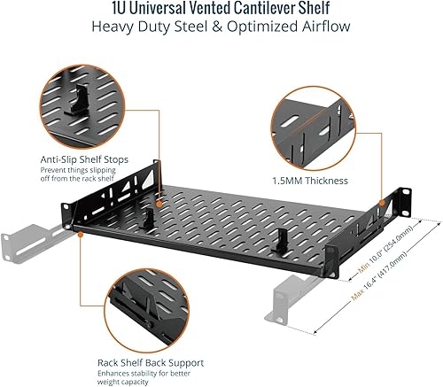 Miniatura 3 de Tecmojo Estante para servidores, estante de rack de 1U de 10 pulgadas de profundidad, estante de red con topes antideslizantes, capacidad de peso de
