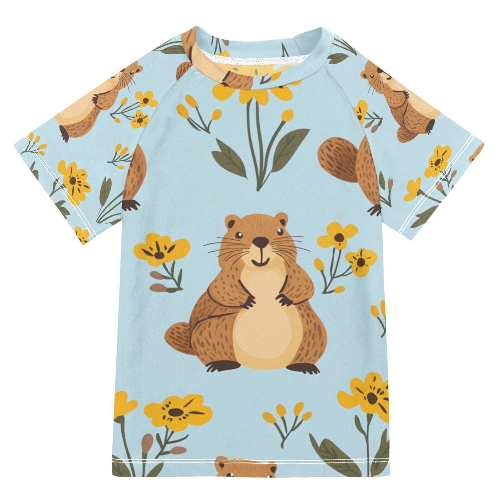 Jucciaco Boys Swing Shirts Groundhog Flower Otter Blue Rashguard Short Sleeve Kids T-Shirts Sun UPF 50+