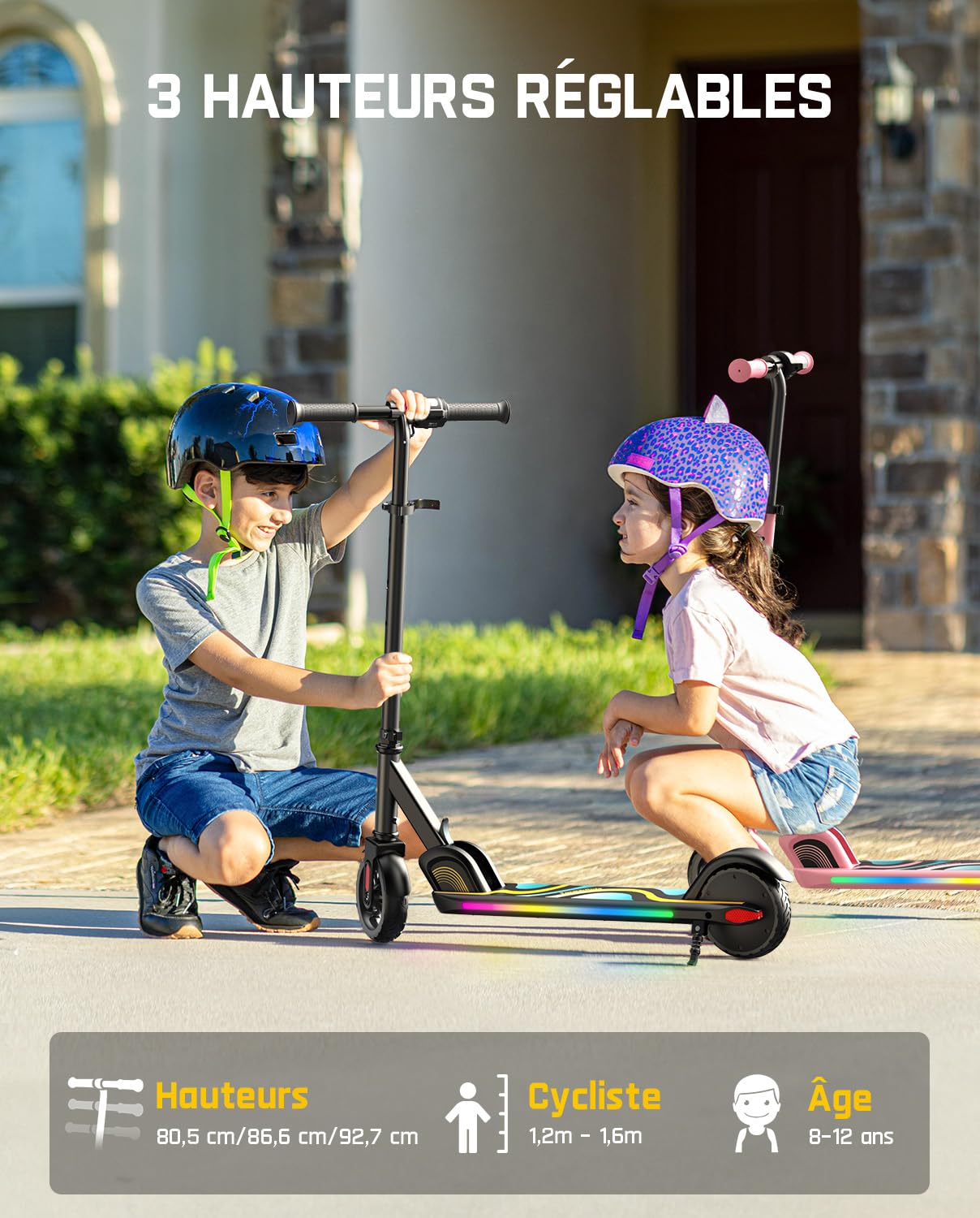 FanttikRide C9 Pro Trottinette Électrique Enfant 1,2-1,6 m, Lumières Arc-en-Ciel, Vitesses 8/13/16 km/h, Autonomie 8 km, Écran LED, Hauteur Réglable, Pliable, Charge maximale 60 kg