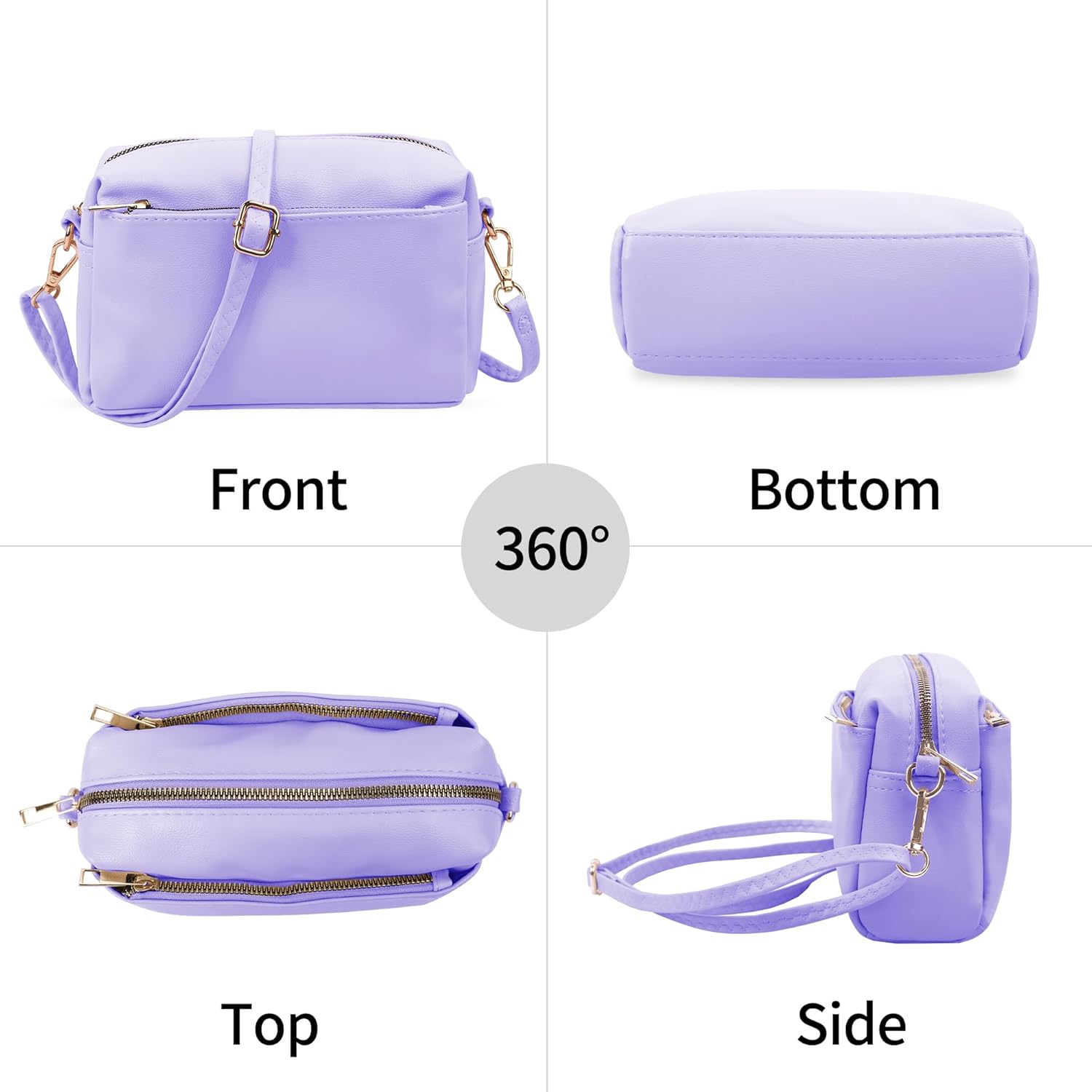 VOROLO Crossbody Bag Small Leather Triple Zip Crossbody Purse Shoulder Bag with Ajustable Strap for Women Lavender - Image 6