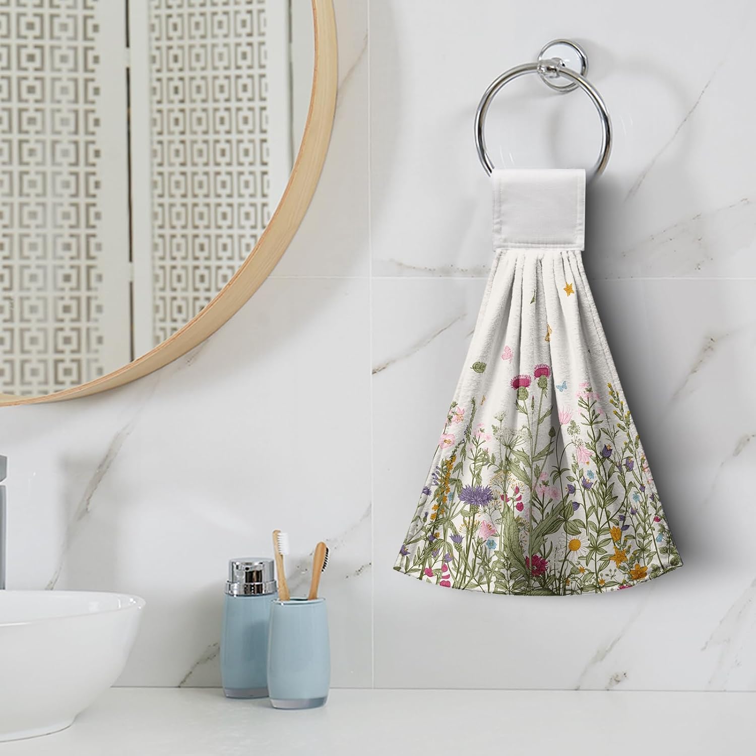 Wildflower Floral Hanging Hand Towels Set of 2 Spring Summer Vintage Flower Kitchen Towels with Hanging Loop Rustic Garden Herbs Plants Dish Towels Soft Absorbent Bath Tie Towel for Farmhouse Decor - Image 2