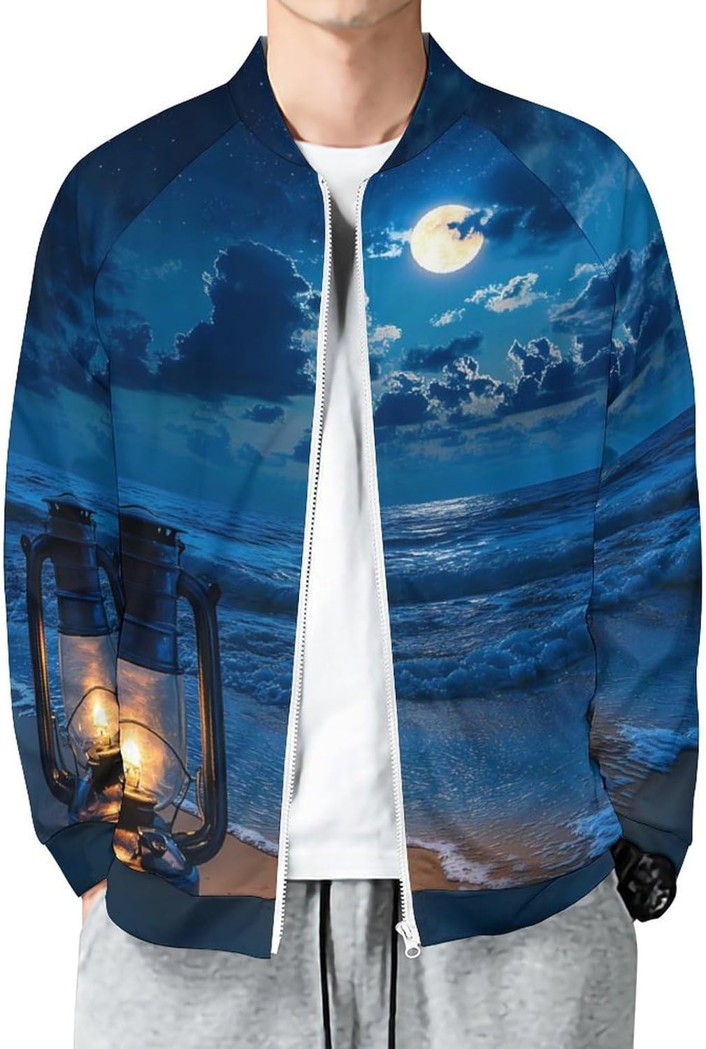 Lamp Moon And Beach Print Men's Zip Up Sweatshirt Casual Sweater Jackets Long Sleeve Tops Lightweight Coat