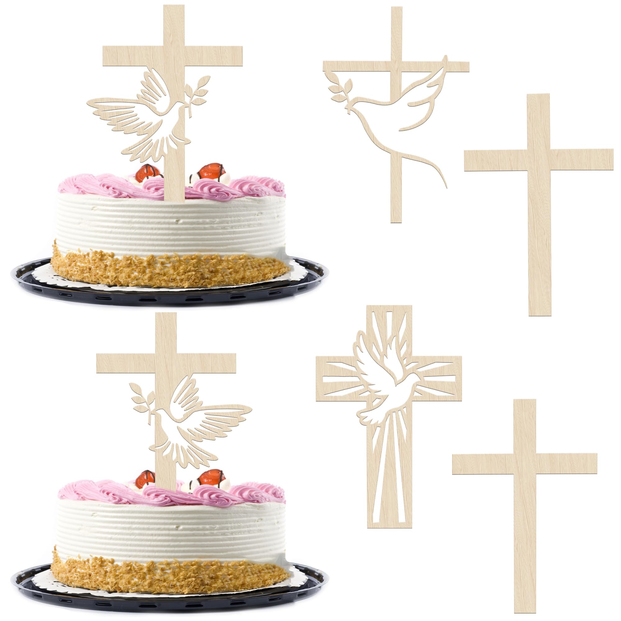 6 Stück Mine Taufe Thema Tortendeko Holz Kreuz mit Friedenstaube Kuchen Deko Erste Heilige Kommunion Cake Toppers für Baby Dusche Taufe Party Kuchen Dekorationen