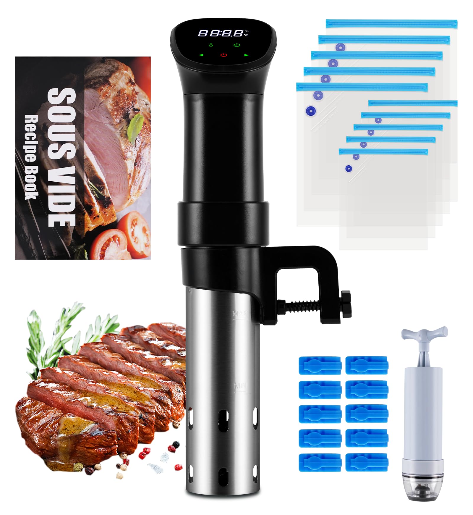 MXBAOHENG Varilla Sous Vide de 850 W 25-92.5 ℃ Máquina Sous Vide de Acero Inoxidable con circulador 3D de inmersión Roner Cocina Baja Temperatura con Control de Temporizador, 10 Bolsa Sellada, Clip