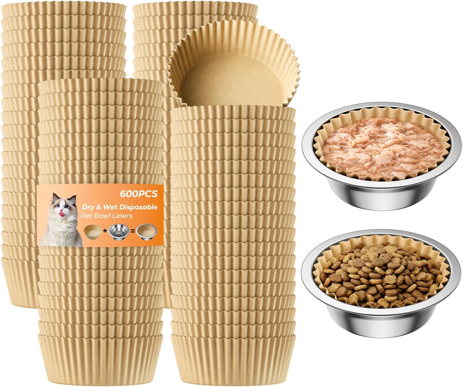 Pet Disposable Bowl Liners, Small Paper Dish Pads for Cats & Small Dogs, Round Feeding Station Inserts, Compatible with Dry or Wet Food, Leak-Resistant Meal Mats, 600 Count, Brown