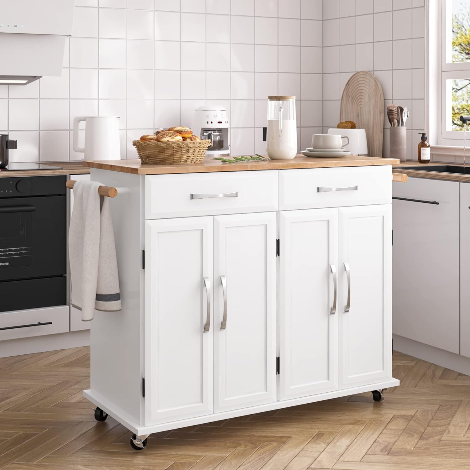 Kitchen Island Cart with Drawers and Large Storage Cabinet, Rolling Kitchen Cart with Adjustable Shelves, Lockable Casters, Rubber Wood Countertop, Easy to Assembly, White : Home & Kitchen