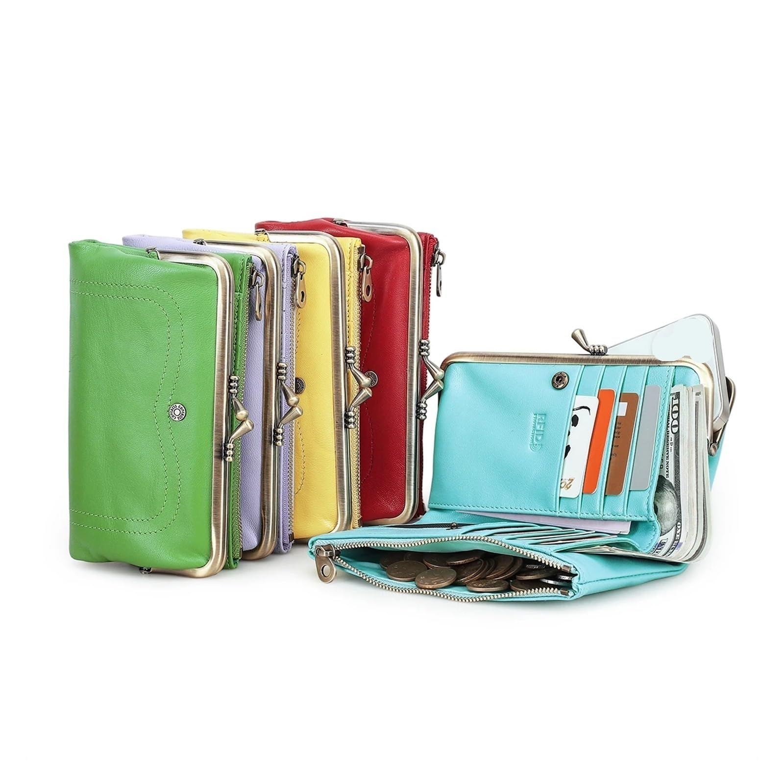 Portafogli lunghi in vera pelle Kiss Lock for donna Portamonete con portamonete con struttura in metallo Portamonete classico