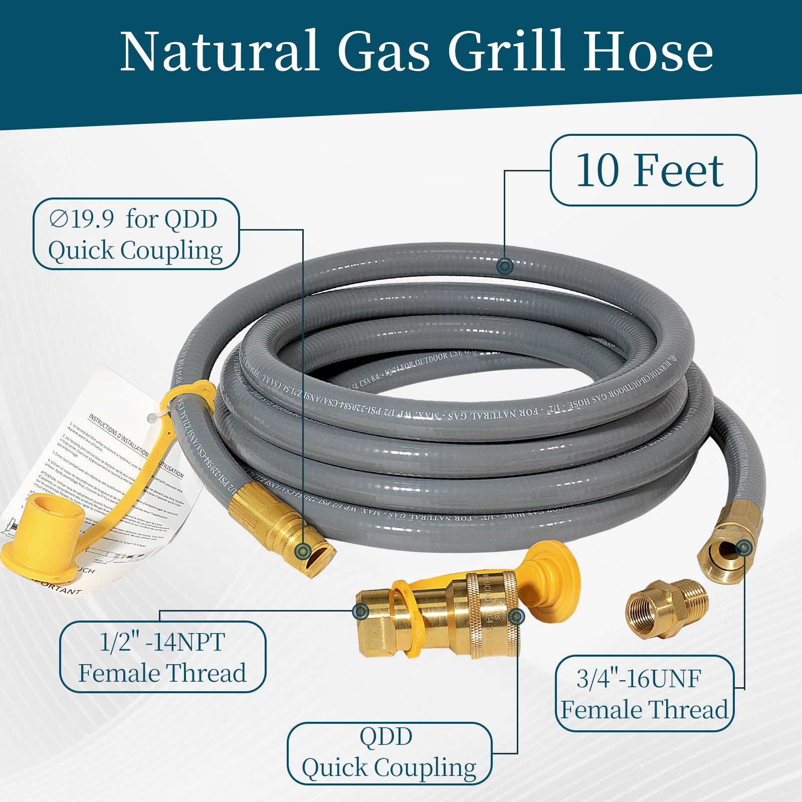 Tubo flessibile per gas naturale da 1,27 cm con raccordi rapidi, kit di retrofit per gas naturale/vapore per barbecue, griglie, forni per pizza, riscaldamento del ponte e apparecchi a bassa