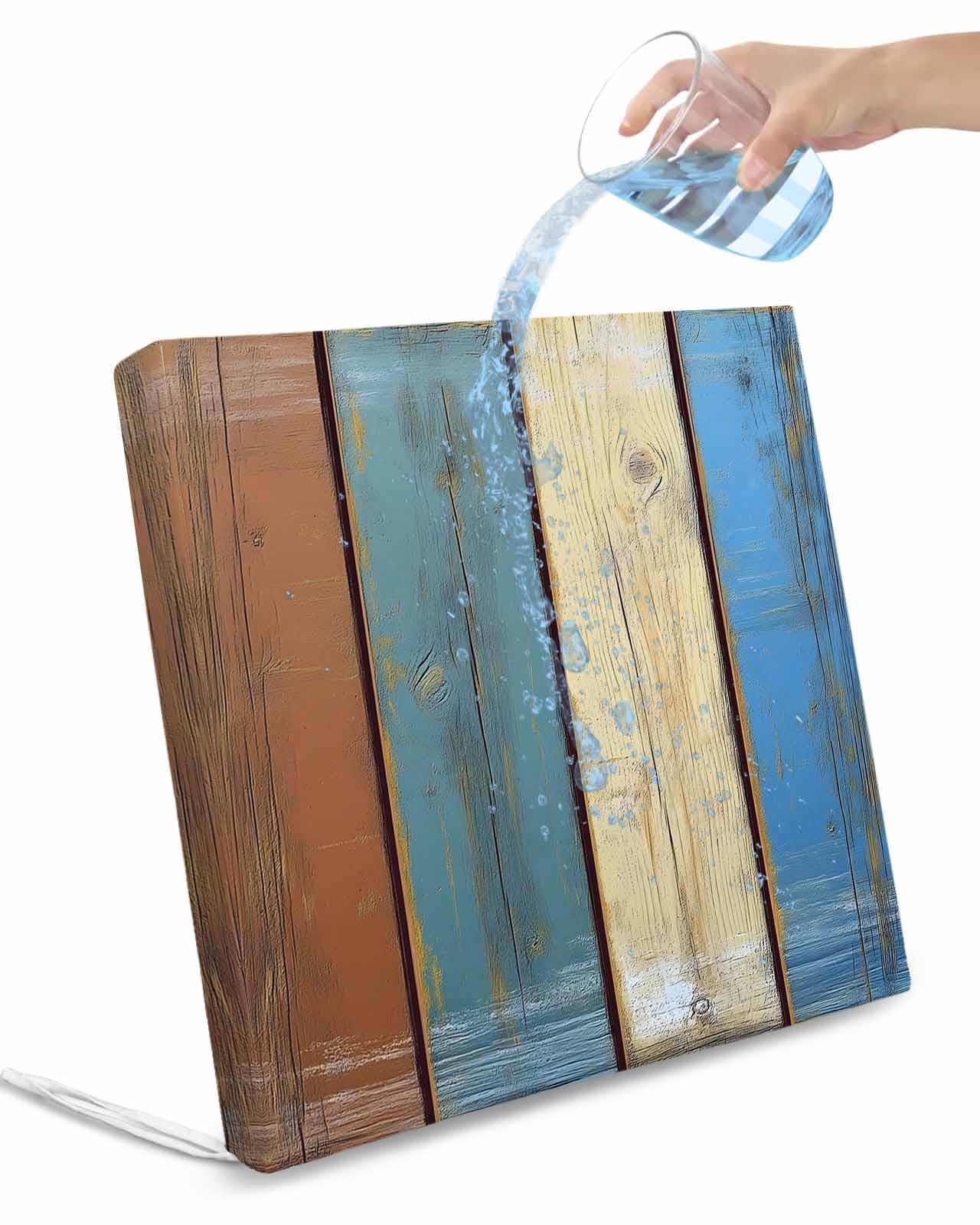 2 Pack Blue Beige Board Waterproof Cushion Covers with Ties, Outdoor Patio Chaise Lounge Chair Seat Cushion Slip Covers Replacement(Only Cover) Vintage Wood Grain 22