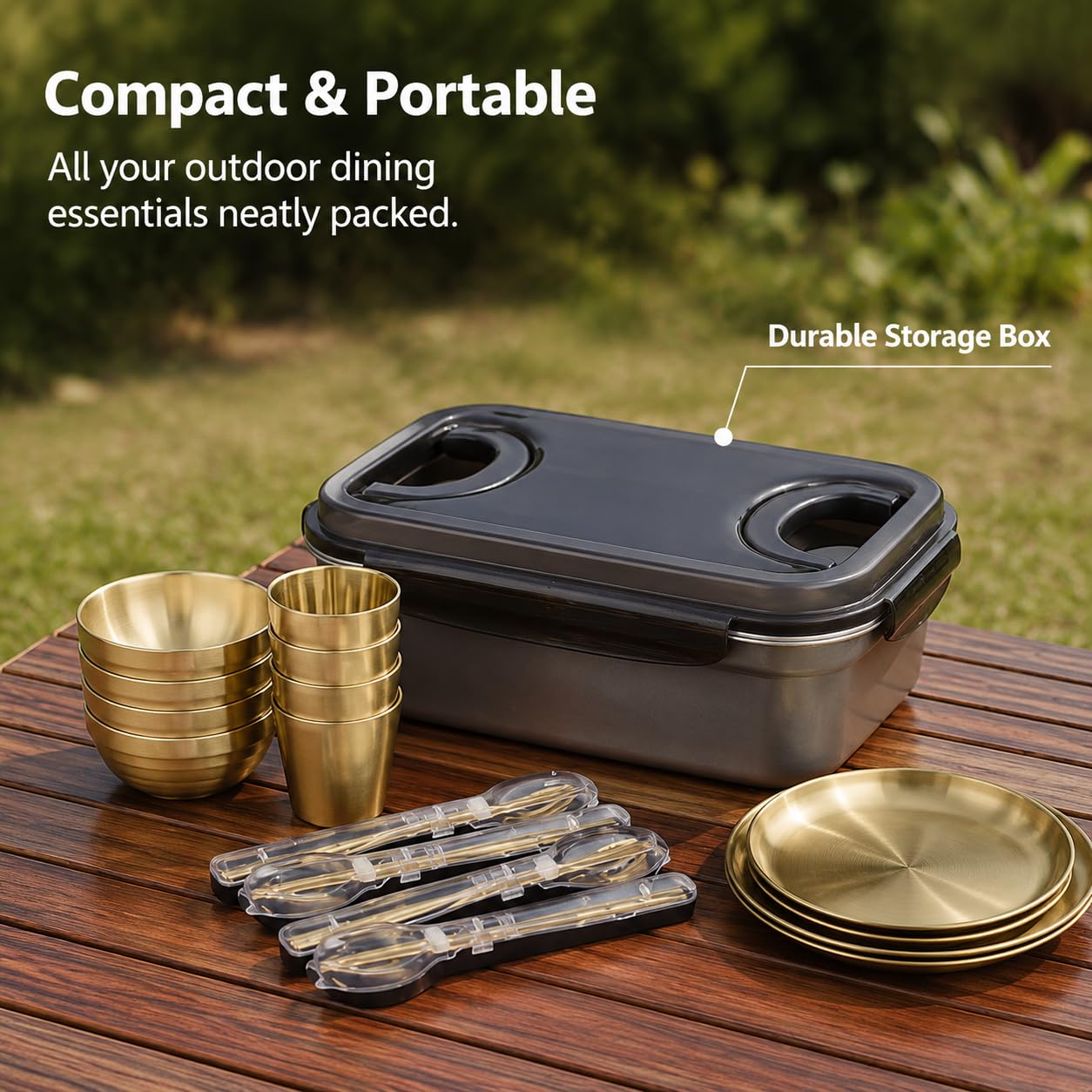 Gold Göffel Edelstahl, Reise Göffel für Camping, Kompakt Camping Set, Outdoor mit Tasche, 4-Personen-Set, Gold
