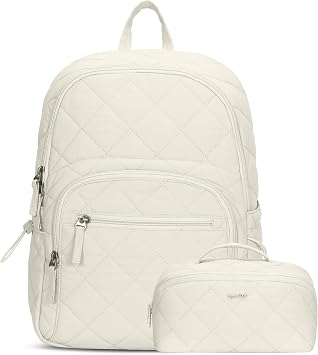 Hynes Eagle Travel Laptop Backpack Quilted College Backpack for Women Puffer Casual Daypack Personal Item Bag for 16 Inch Ivory Beige with Makeup Bag Beige