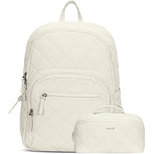 Hynes Eagle Travel Laptop Backpack Quilted College Backpack for Women Puffer Casual Daypack Personal Item Bag for 16 Inch Ivory Beige with Makeup Bag Beige