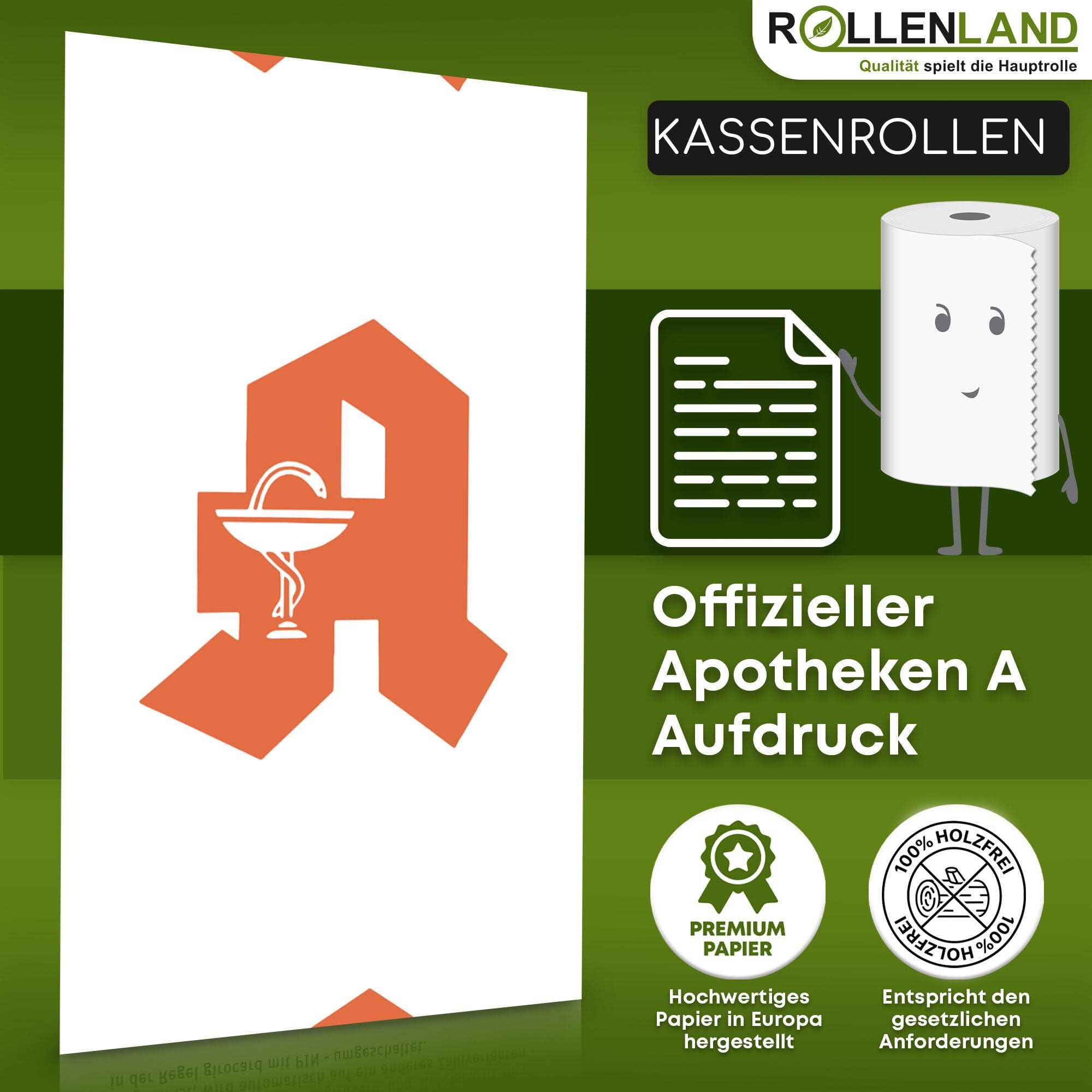 ROLLENLAND 50 Kassenrollen 70x80x12 [62 m Lauflänge & Apotheken Aufdruck] Bonrollen Normalpapier, Kassenzettel Rollen 70 mm, 60 g/qm