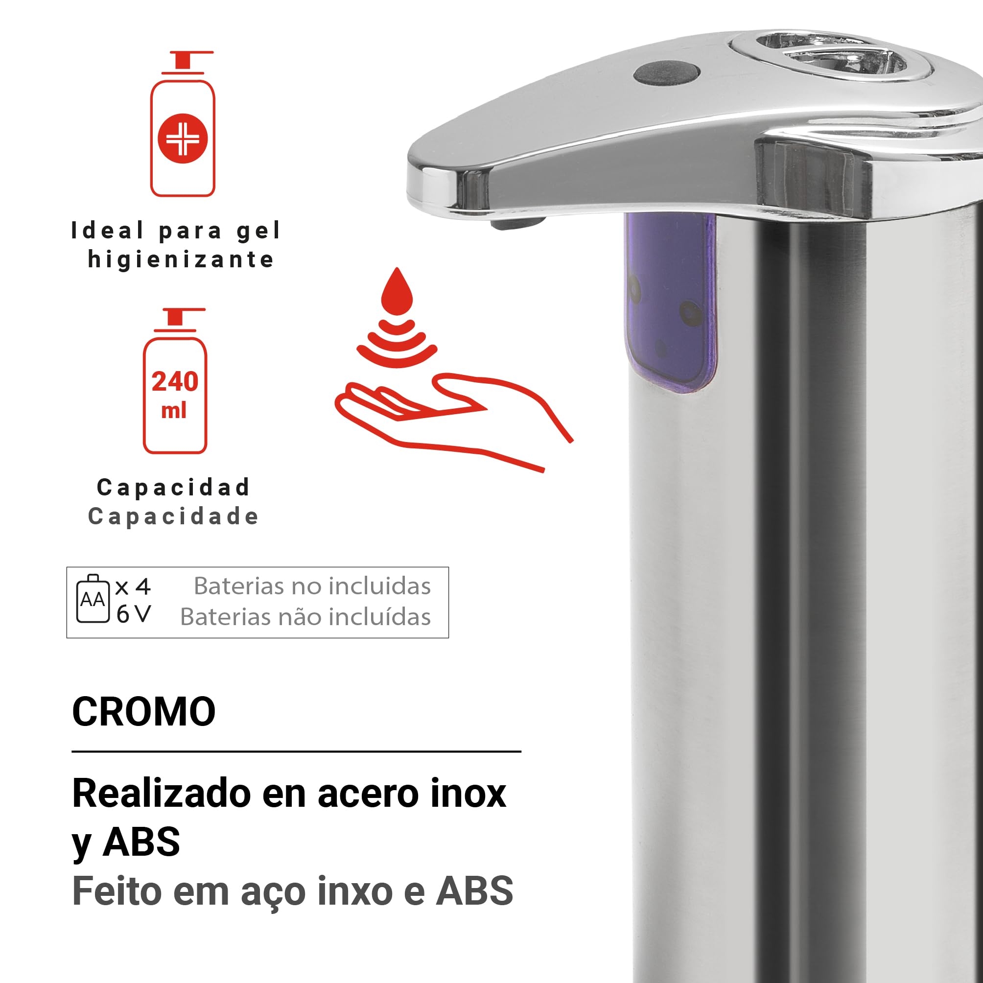 Gedy CHROMIS Dispensador jabon baño automatico y Gel higienizante con Capacidad de 240 ml, Cromo, Acero INOX y ABS, 7,4 x 11,3 x 18,4