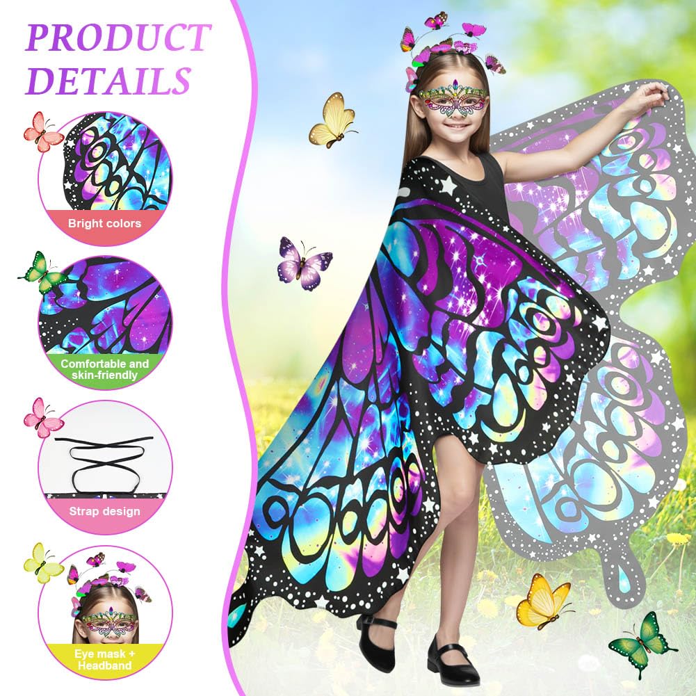 AUYAO Girl Butterfly Wing Costume Kid Butterfly Costume Cape with Mask Headband and Sticker Fairy Butterfly Wing Fancy Dress Up Costume for Halloween World Book Day Cosplay(Starry Purple) - Image 3