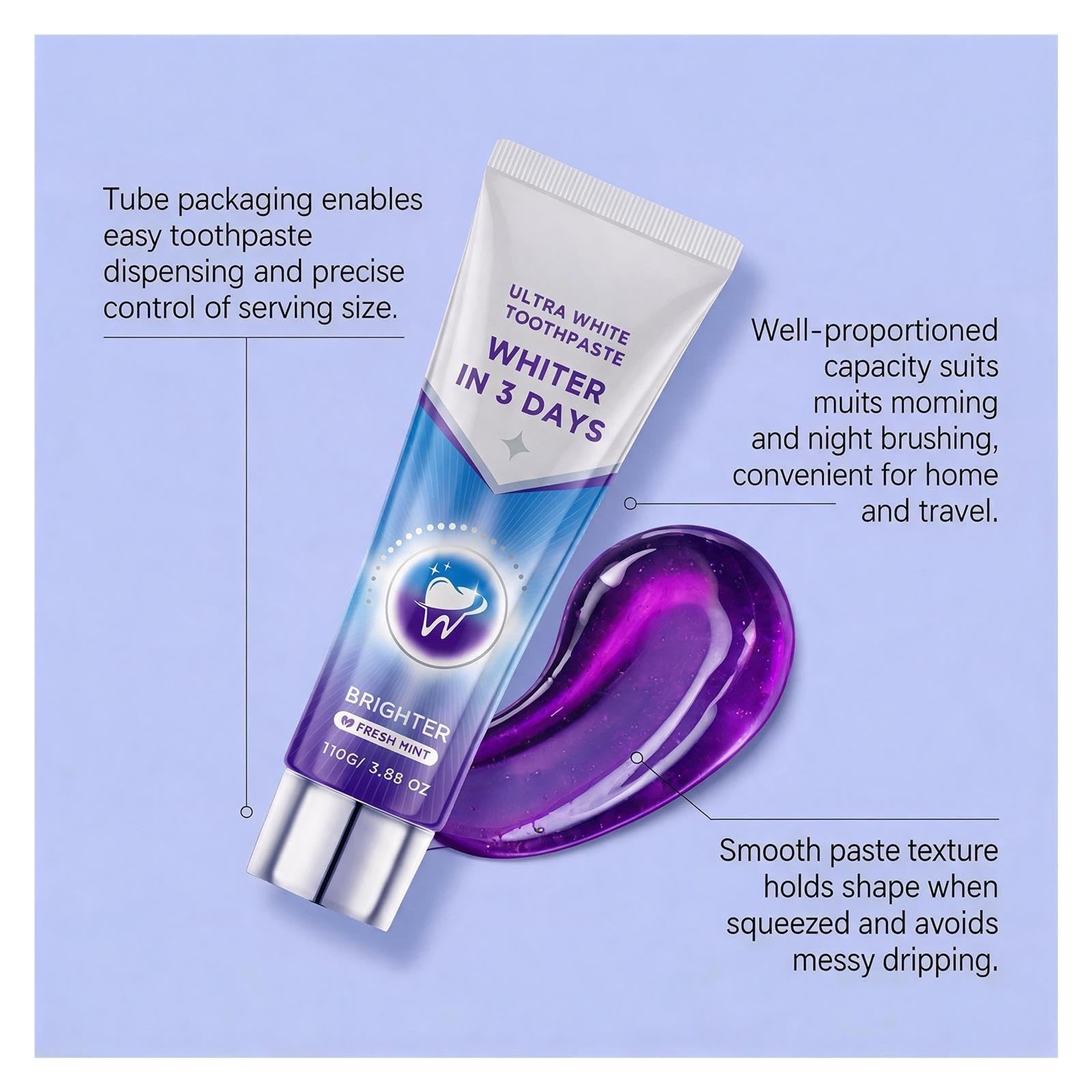 Dentifrice violet rafraîchissant, élimine en douceur les taches à la surface des dents, protège l'émail et rafraîchit l'haleine(3pcs)