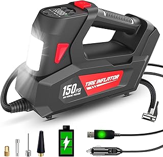 CaRSun Cordless Tyre Inflator Air Compressor,6000mAh Rechargeable Battery Tyre Pump,150PSI Car Tyre Inflator,12V Air Pump with Emergency LED Light Suitable for Car, Motorcycle, Bike,Ball etc.