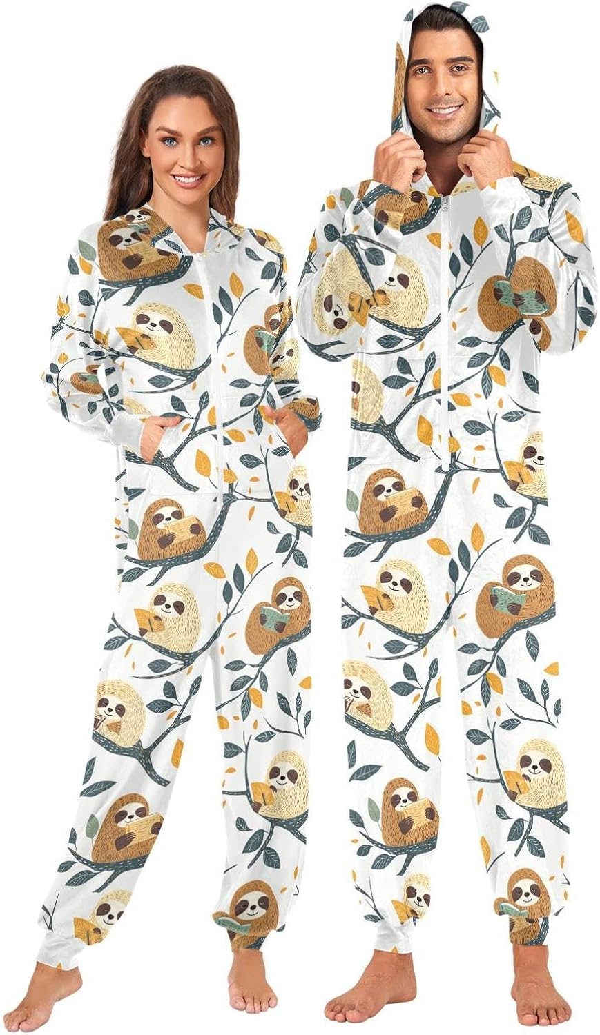ZZKKO Sloths Branch Leaf Adult Onesie Pajamas for Women Men Cozy One Piece Pajamas Costume Zip-Up Hooded S-XL