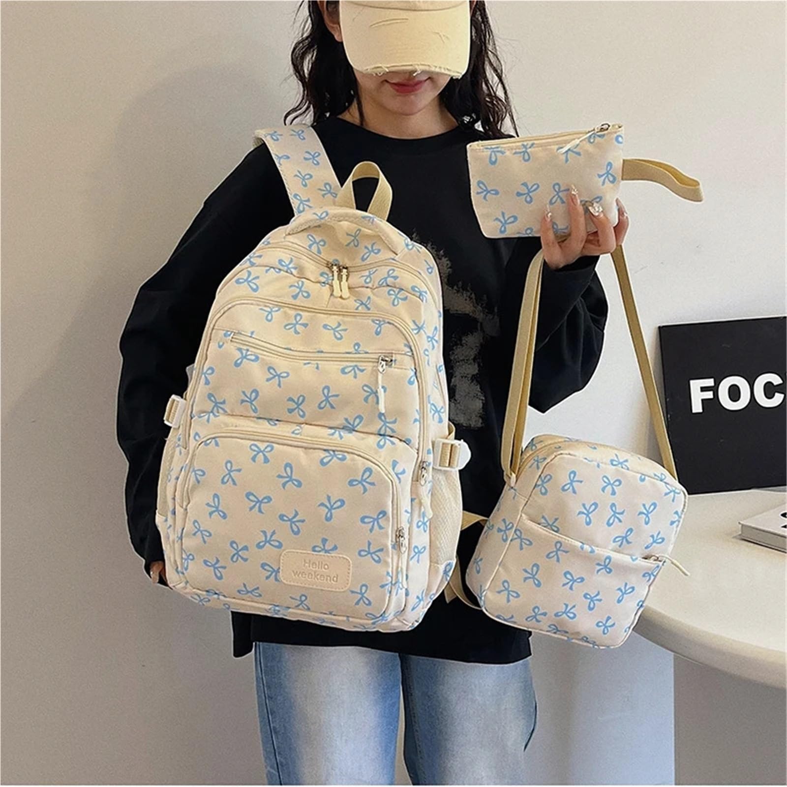 Schulranzen 3-teiliges Set mit Schleifendruck-Rucksack, Umhängetasche und kleiner Geldbörse, einfache Schüler-Büchertasche for Grundschulkinder