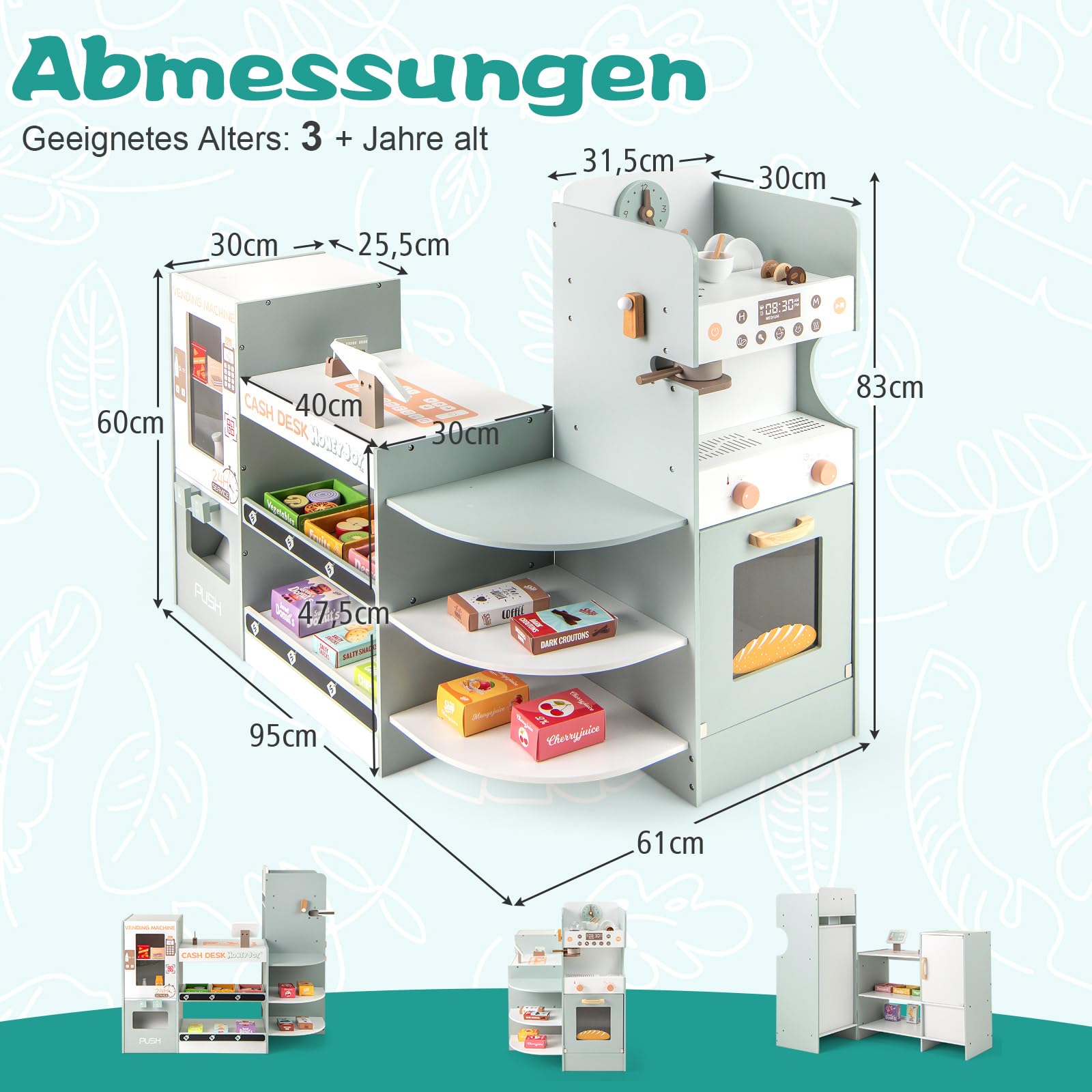 COSTWAY Kaufladen Kinder, Kaufmannsladen Holz inkl. Zubehör (Grün) | Supermarkt mit Verkaufsautomat, Kasse, Kaffeemaschine & Ofen, Verkaufsstand Theken, Einkaufsladen für Kinder ab 3 Jahren