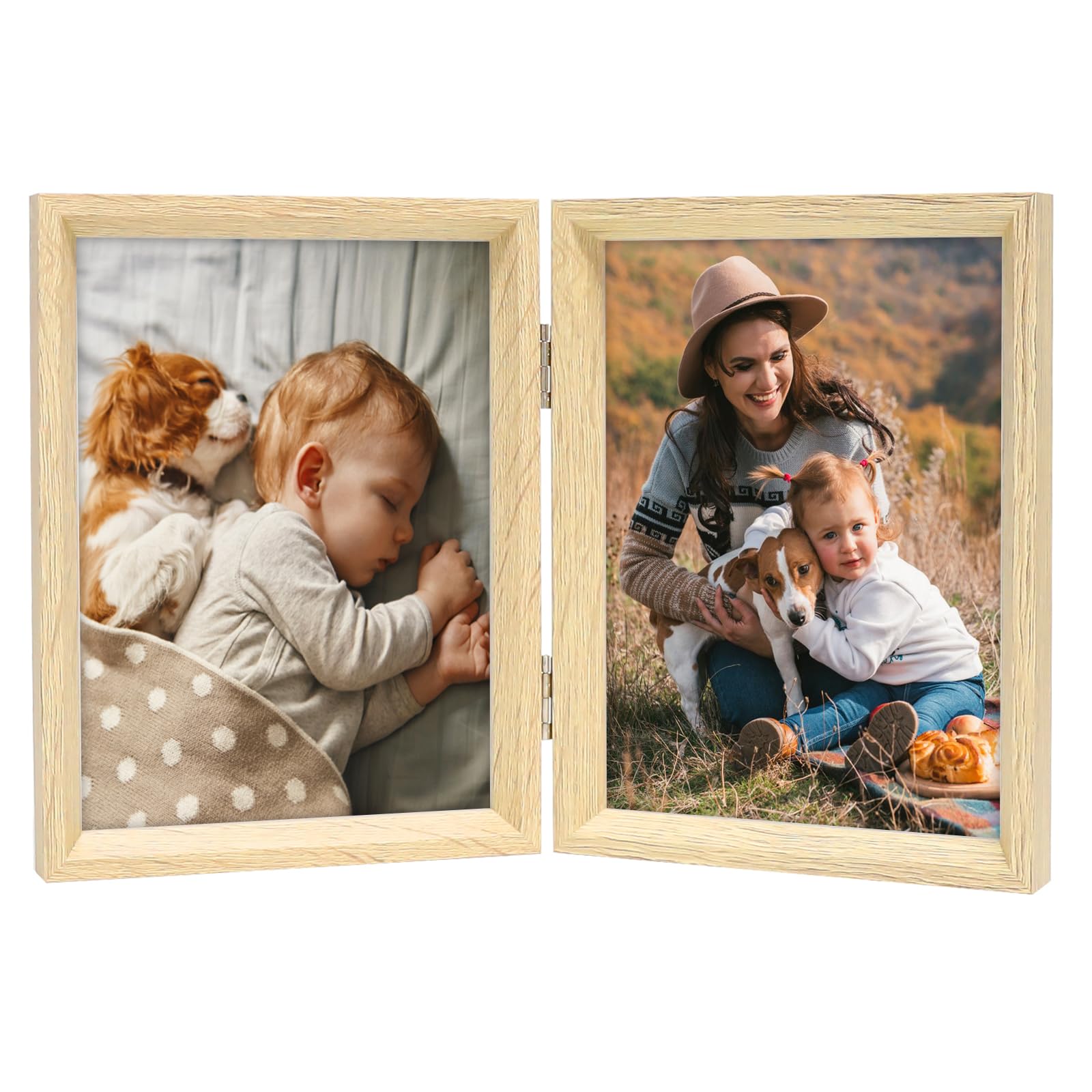 AEVETE5x7 Double Picture Frame Vertical Display Rustic Folding Photo Frames, Woodgrain