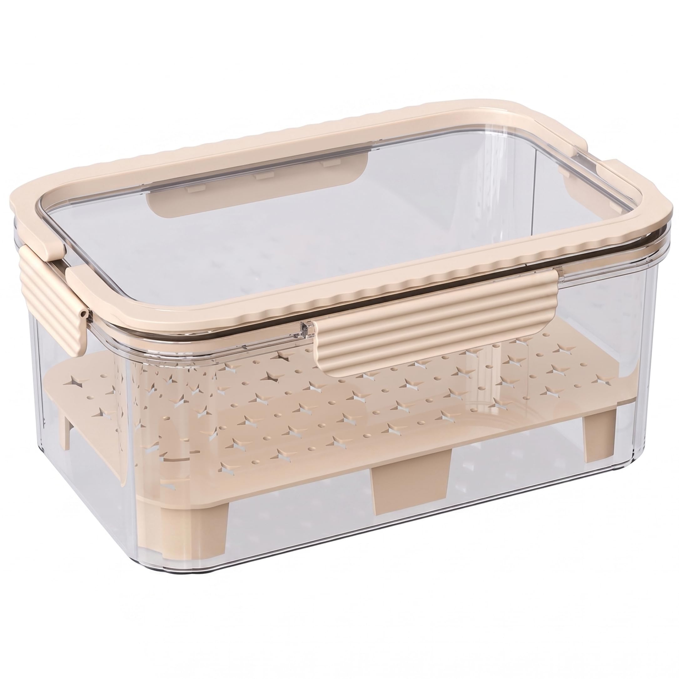 Striegro Salad Keeper, Airtight Produce Storage Containers for Fridge Double-Layer Crisper Bins with Ice Pack for Home/Pffoce/Camping, Beige.