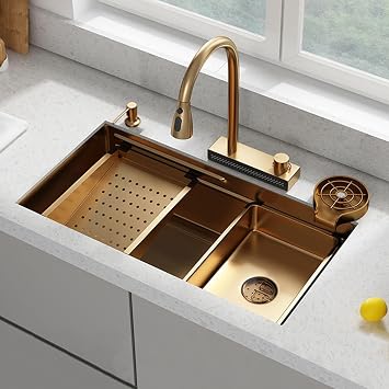 Golden Kitchen Sink Single Tub Kitchen Sink Workstation Waterfall Flying Rain Stainless Steel Sink Nano with Pull Out Faucet,Golda-75 * 45cm