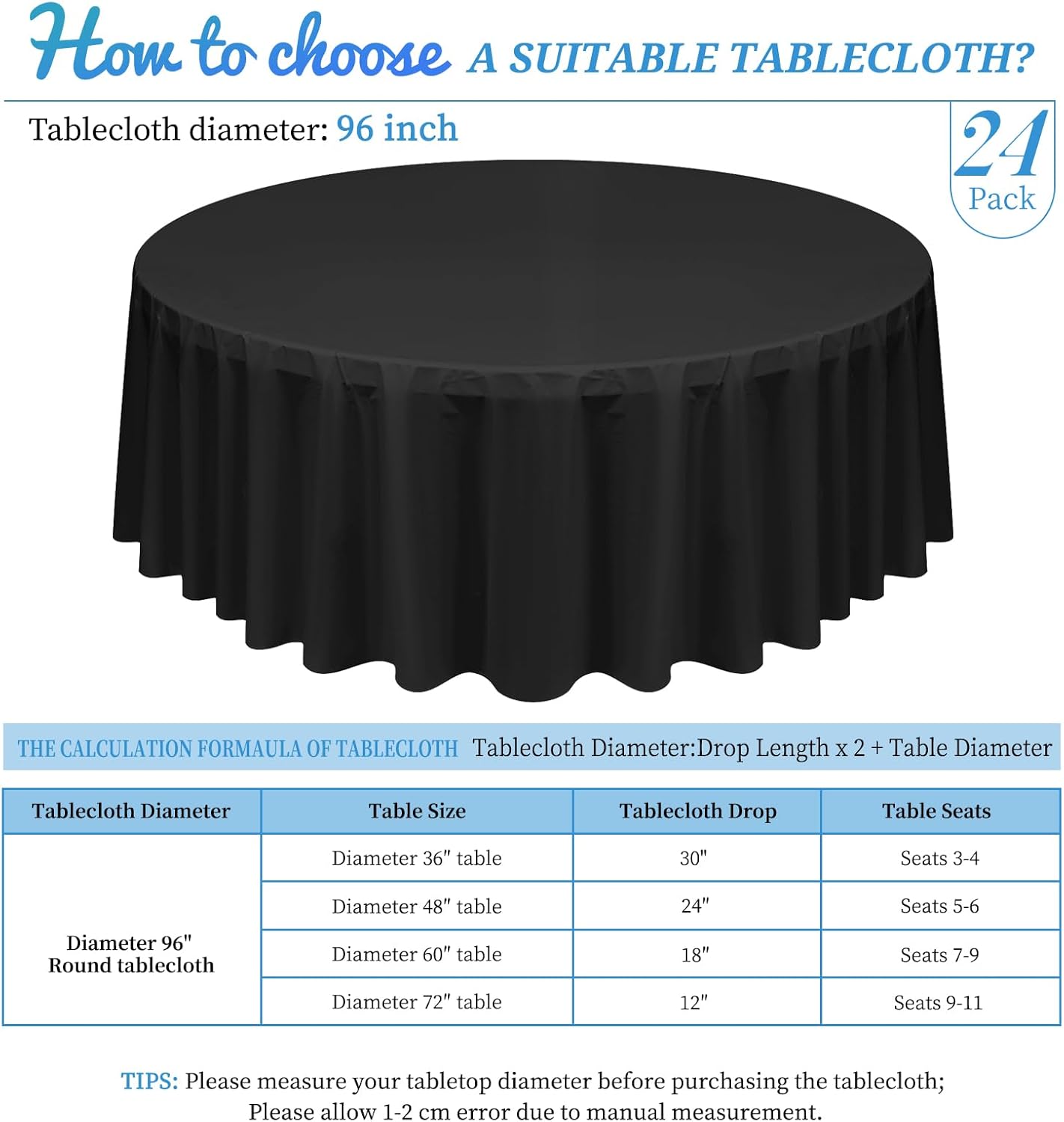24 Pack Black Round Tablecloth, 96 Inch Black Plastic Tablecloths, Decorative Table Cover, Disposable Table Cloth for Wedding Banquet Party Dining Picnic Outdoor