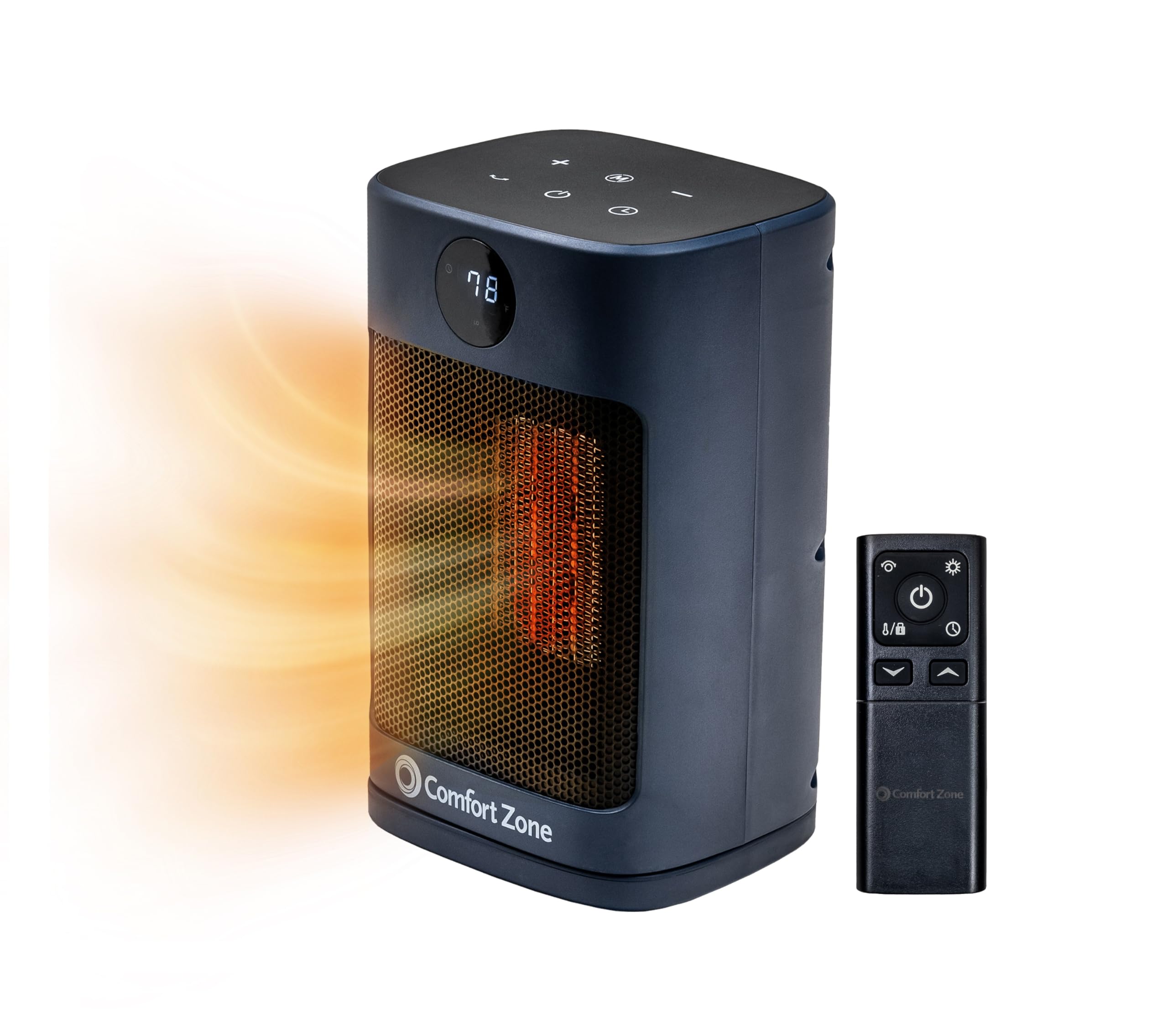 Comfort Zone Oscillating Desktop Heater with Remote Control for Indoor Use Adjustable Thermostat Overheat Protection Tip-Over Switch Carry