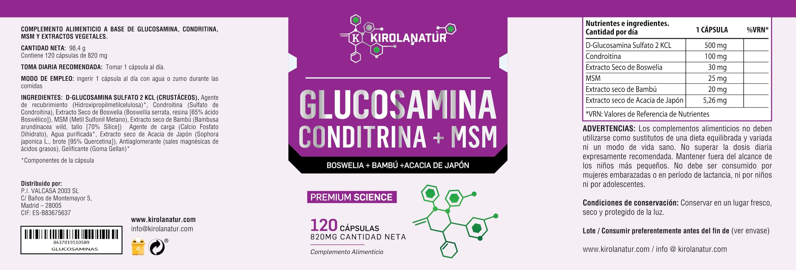 Glucosamina Condritina con Boswellia - Apoyo Articular - Fortalece tus cartilagos - Antiinflamatorio Natural – 120 Capsulas | KIROLANATUR