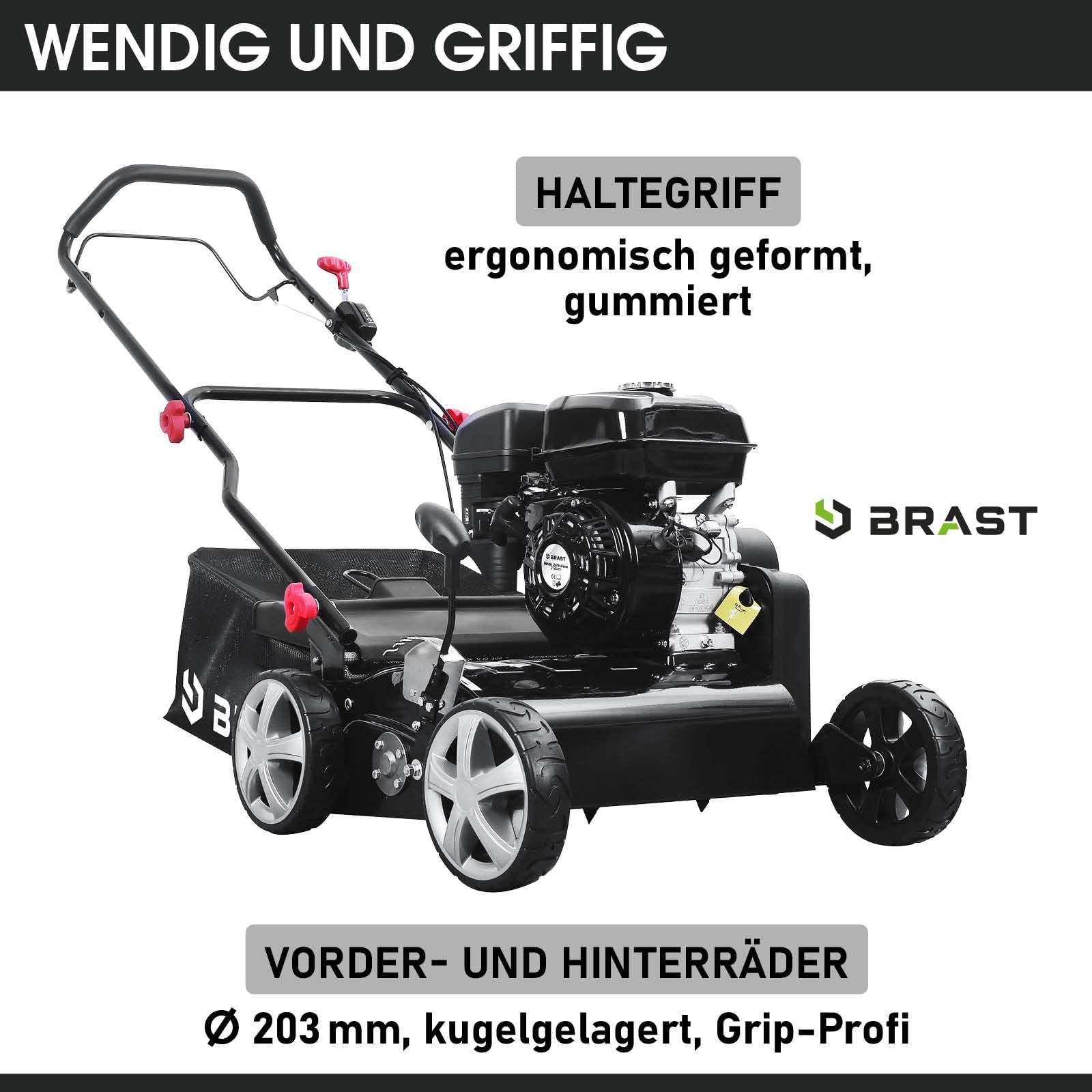 BRAST® Vertikutierer Benzin 4,5kW (6,12PS) | 4-Takt Motor 212ccm | 40-45cm Arbeitsbreite | TÜV geprüft | 50L Fangkorb | viele Modelle für kleine bis sehr große Rasenflächen | BRB-RV-40212s