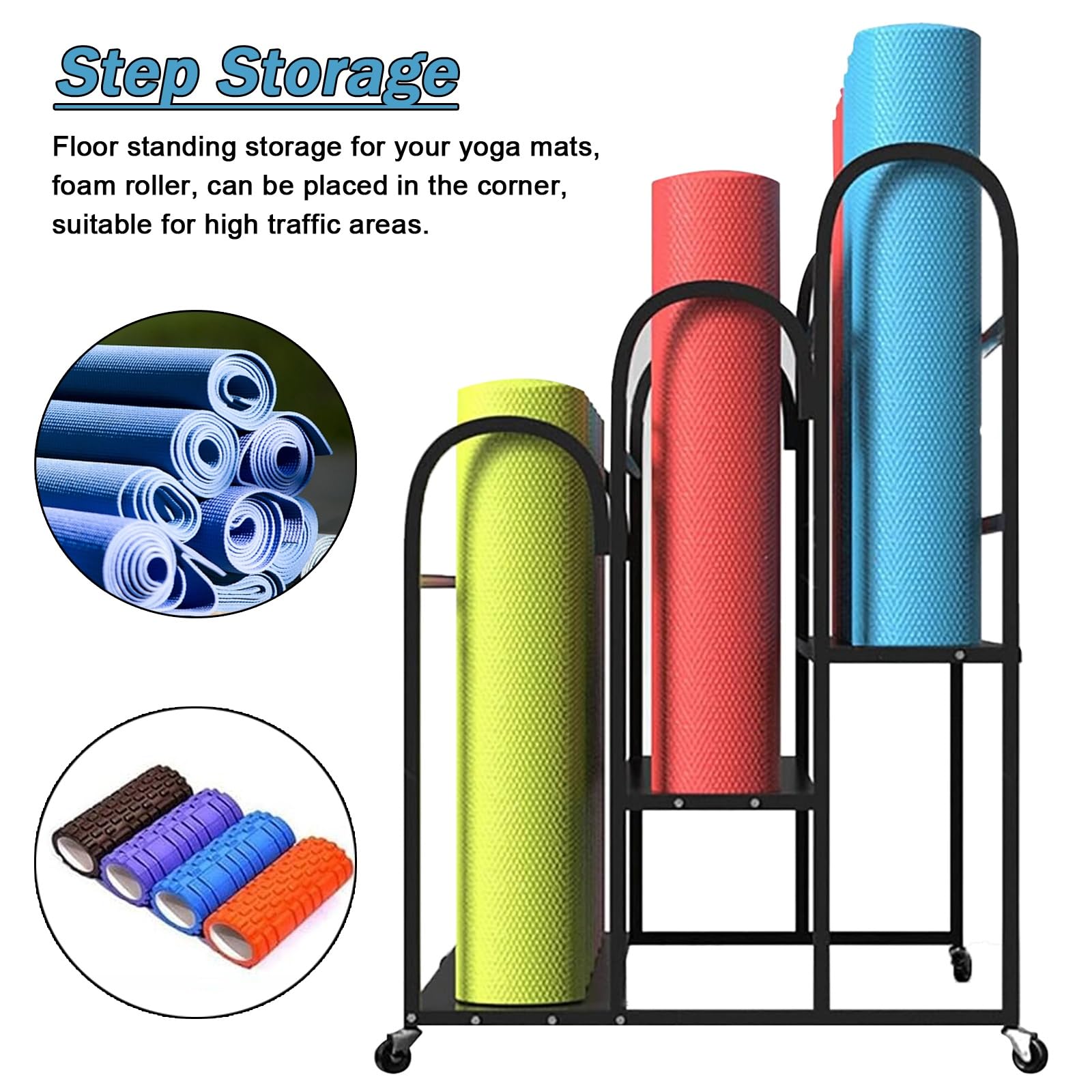 Chariot De Rangement De Yoga Avec 4 Roues – Organiseur D'angle En Métal Pour Accessoires De Matériel D'entraînement, Tapis De Gym Et Rouleau En Mousse – Solution De Rangement D'exercice à Domicile