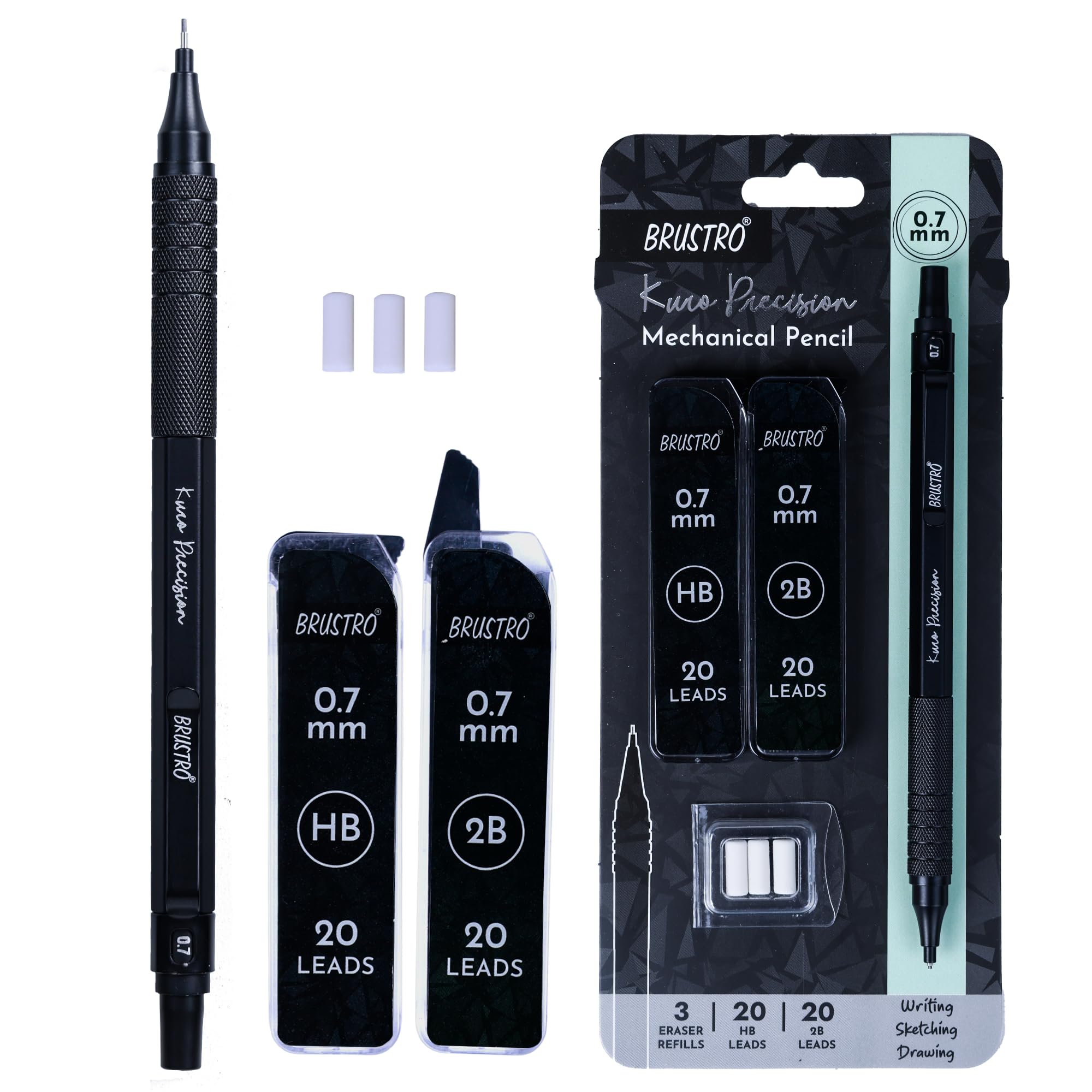 BRUSTRO Kuro Precision Mechanical Pencil | Tip Size - 0.7mm With 20 - HB and 20-2B leads, 3 Eraser Refills| Ideal For Writing, Sketching, Drawing, Mandala Arts and Fine Art Students