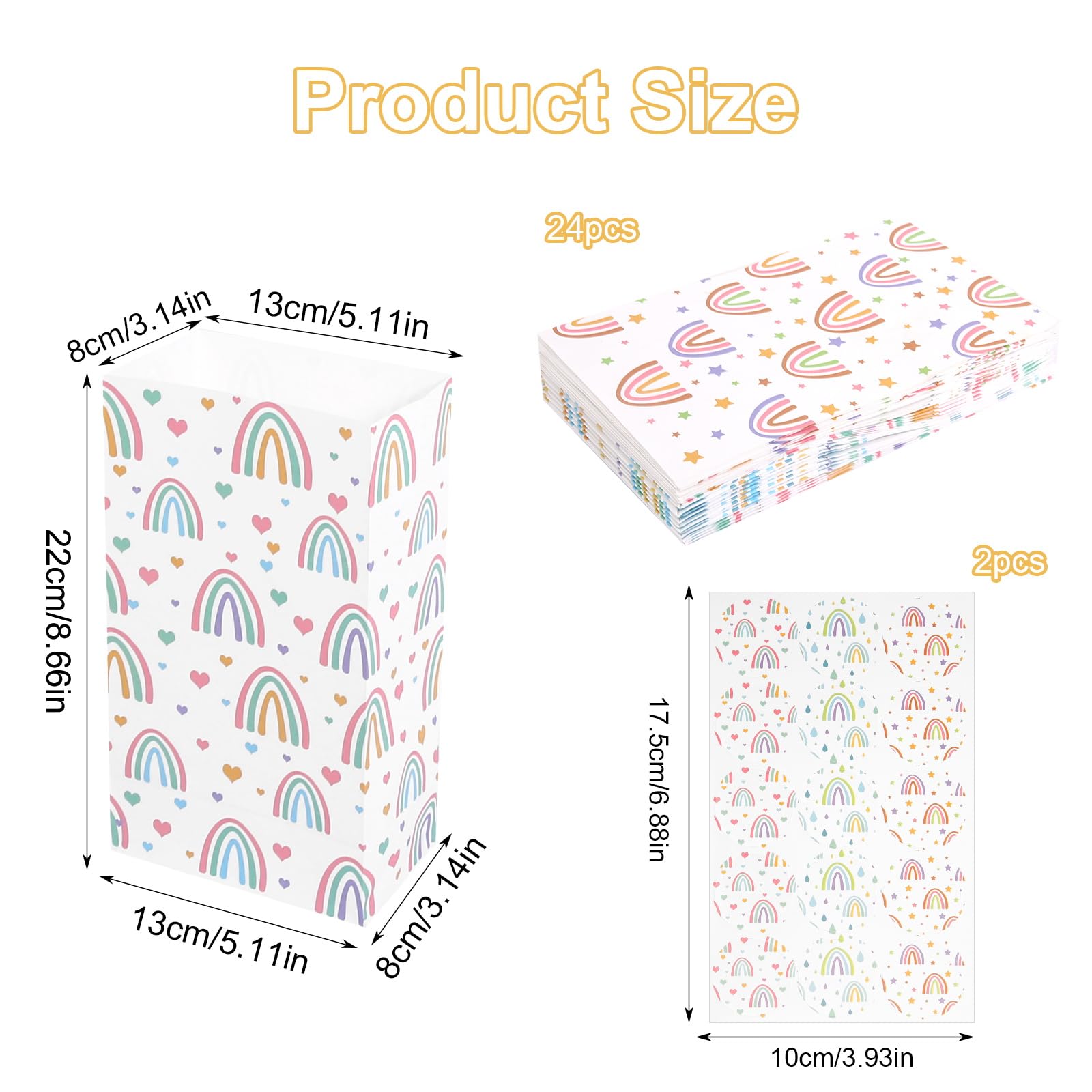Nukssi 24pcs Rainbow Gift Bags With Stickers, Cute Paper Gift Bags Small Size 8.7x5.1x3.1 Party Favors Bags Bulk Mini Tiny Goody Bag for Wedding Rainbow Kids Girl Birthday