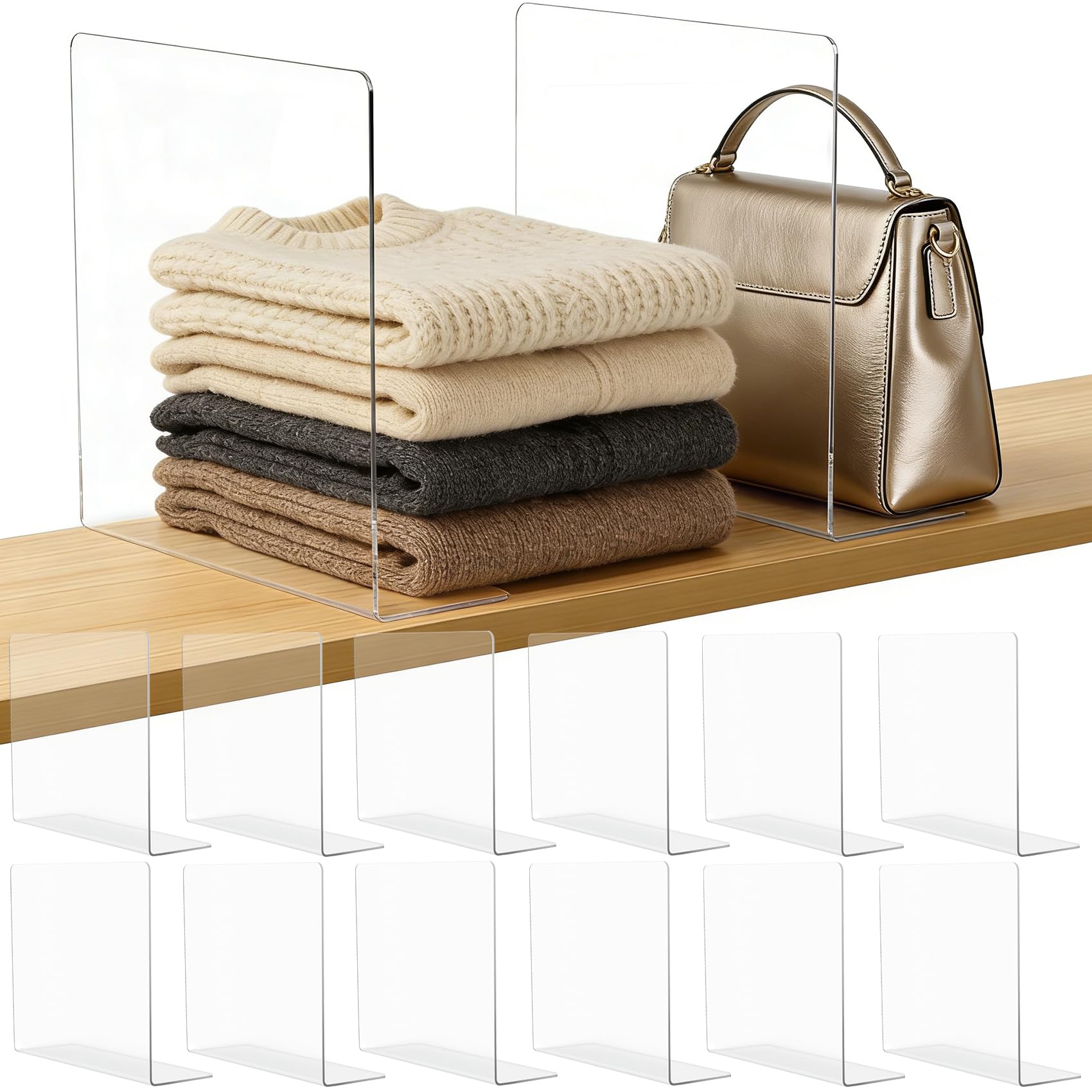 Lebouri Shelf Dividers for Closet Organization: 12" Tall Acrylic Closet Dividers for Shelves - Clear Free Standing Shelf Separators for Clothing