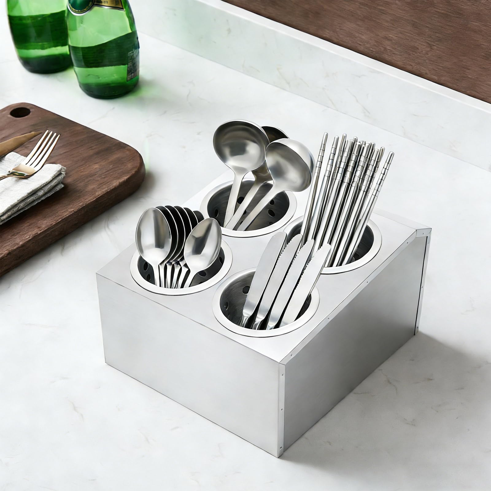 4 compartimentos de acero inoxidable para utensilios de cocina, organizador de cubiertos, cesta para utensilios, con orificios de ventilación, para palillos, cucharas, cuchillos y tenedores