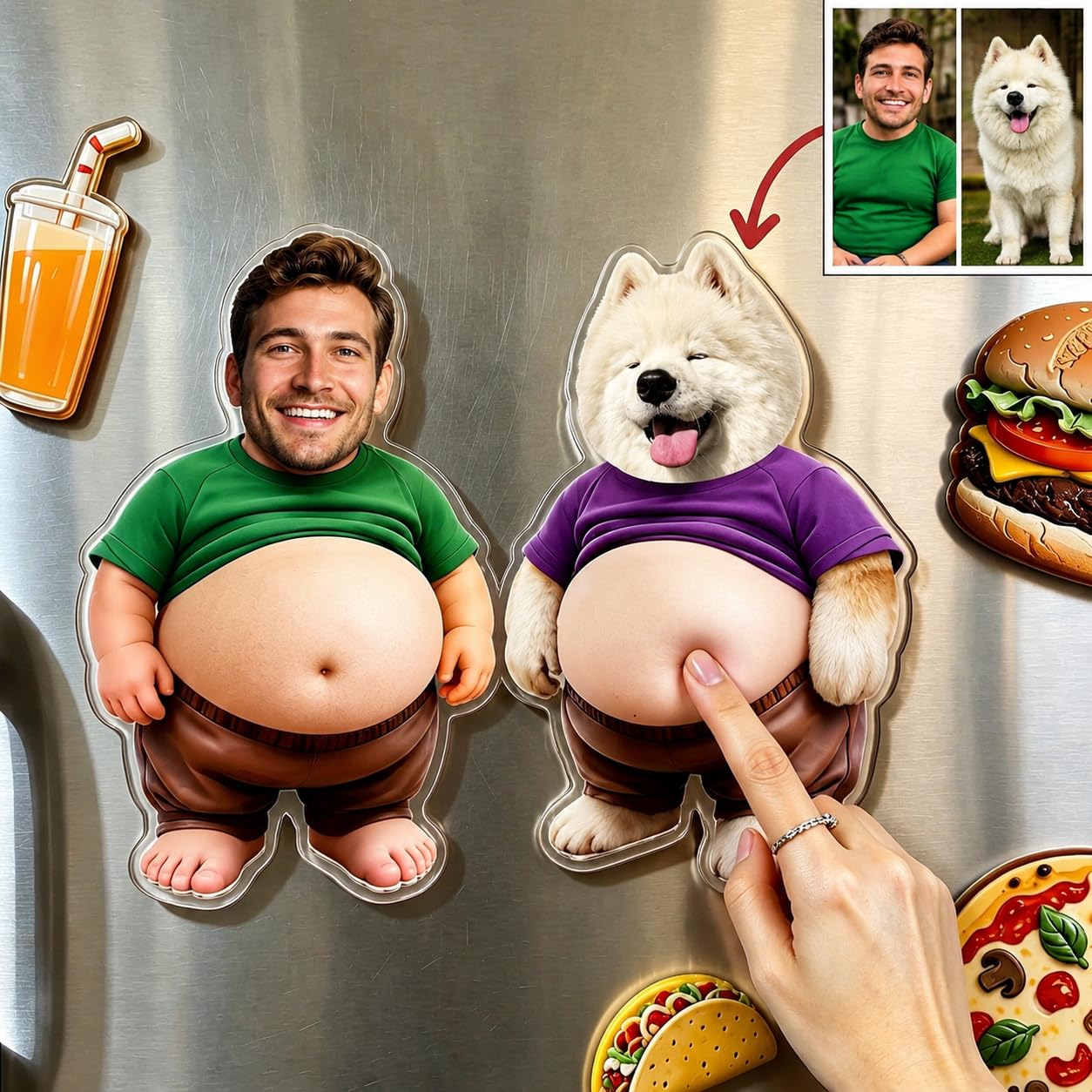Custom Funny Squishy Belly Fridge Magnets, Personalized Face Squishy Refrigerator Magnets Pressable Belly, Squeezable Belly Fridge Decor, Stress Relief Gift (D-2PC Human and Your Pet)