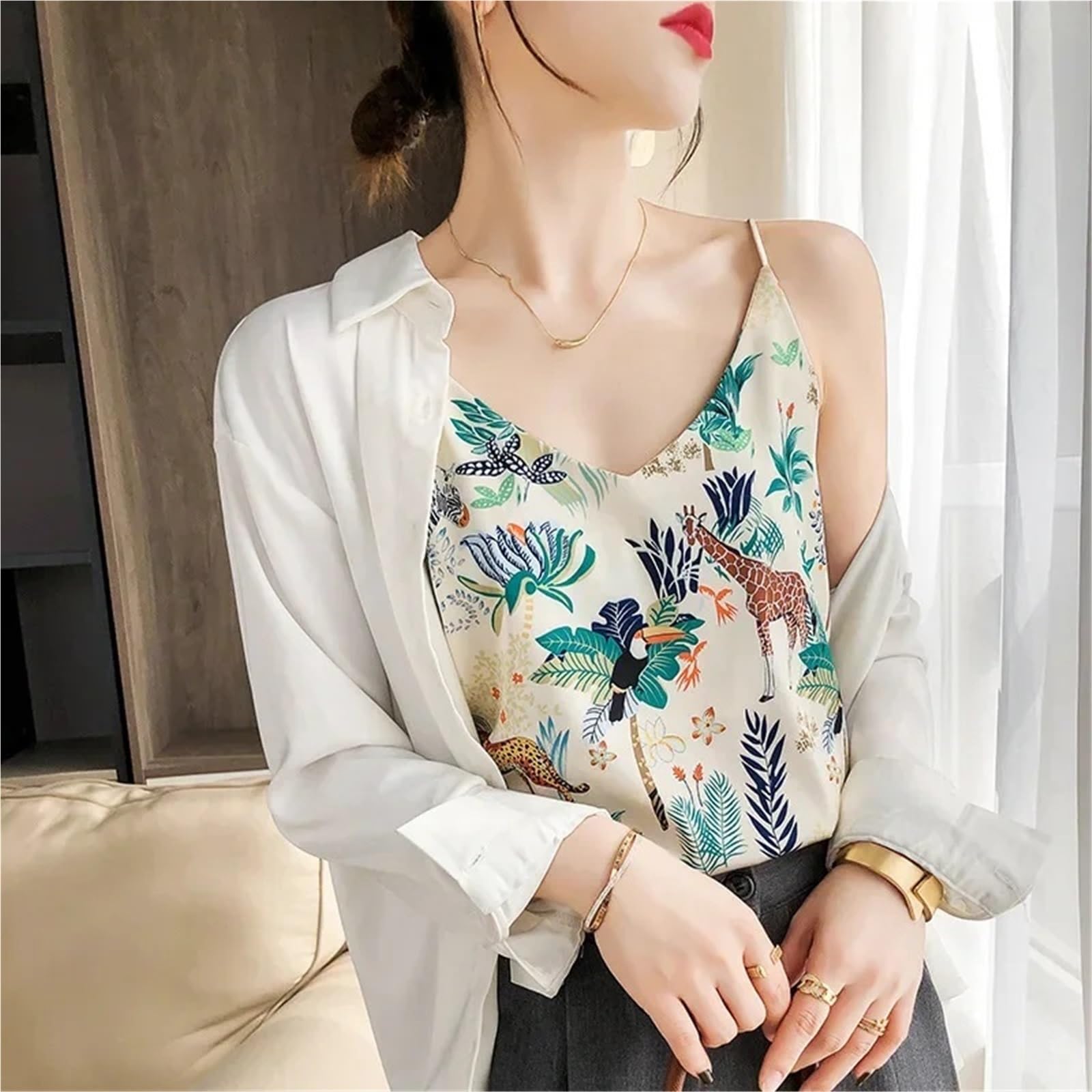 Camisola Estampada con Cuello en V, Camiseta sin Mangas de satén, Camisola Floral pequeña, Top Verano for Mujer 1 Uds para Fiestas Y Vacaciones