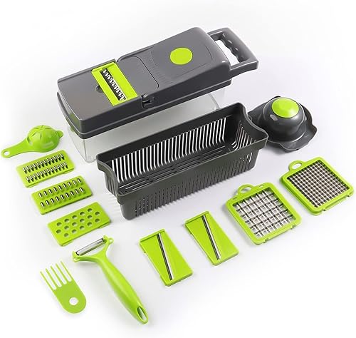 Miniatura 2 de Picador de verduras 15-1 con recipiente – Cortador de 8 cuchillas y rebanador – Cesta de drenaje, pelador, separador de huevos y muchos más –