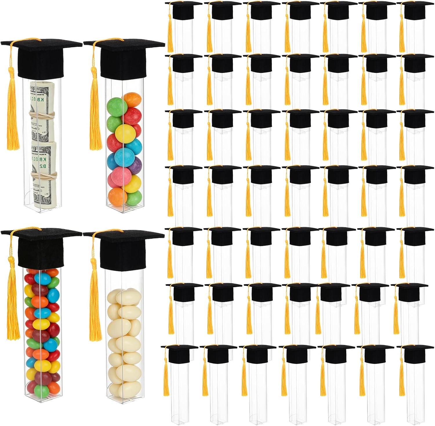 Graduation Candy Tubes 2026 Graduation Party Favors 50 Pcs Candy Container Boxes and 50 Pcs Mini Caps with Gold Tassels Plastic Grad Cap Jars Containerfor DIY Grad Party Guests Supplies