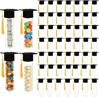 Graduation Candy Tubes 2026 Graduation Party Favors 50 Pcs Candy Container Boxes and 50 Pcs Mini Caps with Gold Tassels Plastic Grad Cap Jars Containerfor DIY Grad Party Guests Supplies